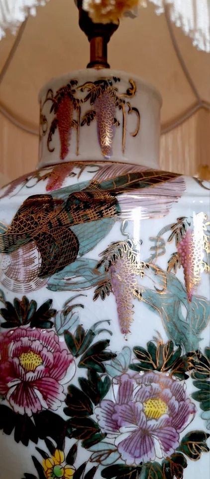 Large Oriental Porcelain Hand Painted Famille Rose & Gilt Table Lamp & Downtown Abbey Style Shade photo for sale