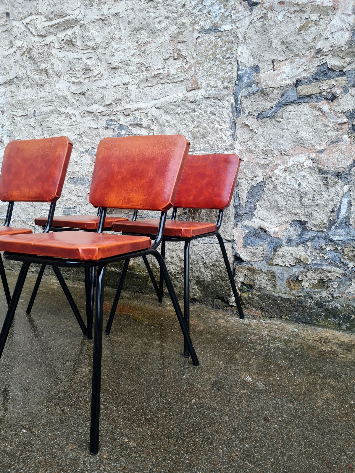 Set Of Four Mid Century Black And Orange Dining Chairs Stackable photo 345.0
