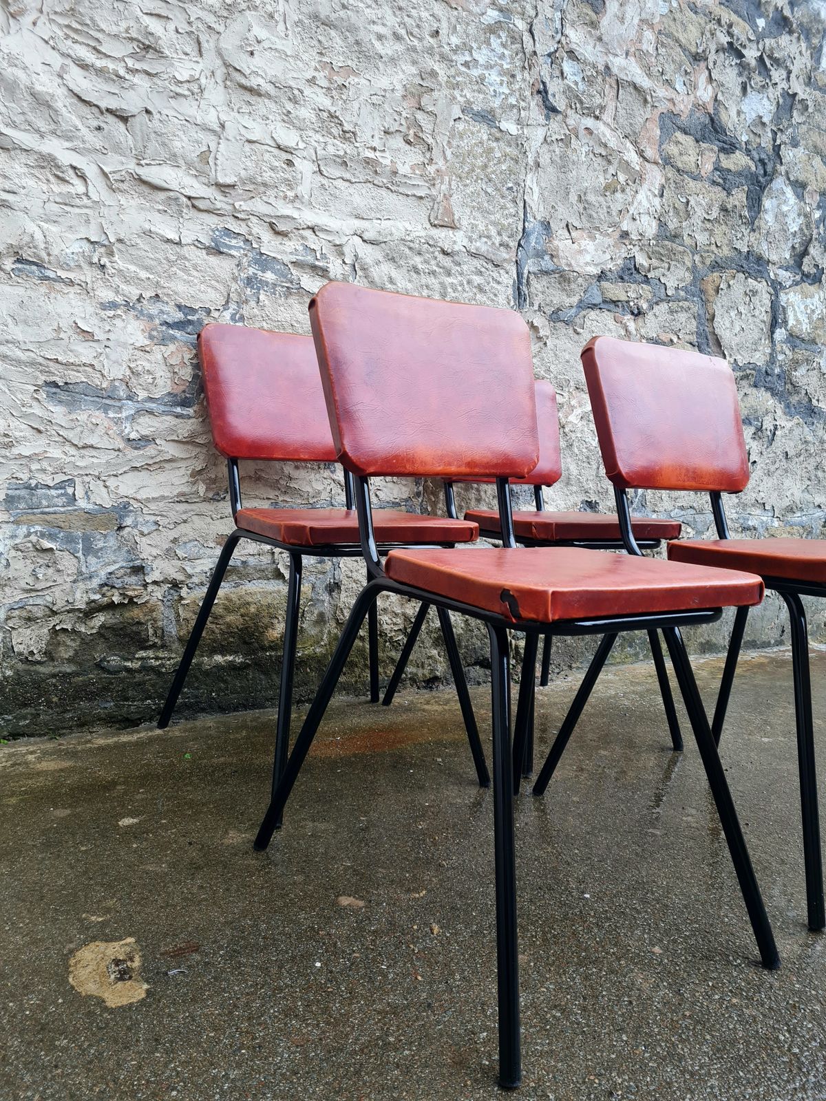 Set Of Four Mid Century Black And Orange Dining Chairs Stackable photo buy