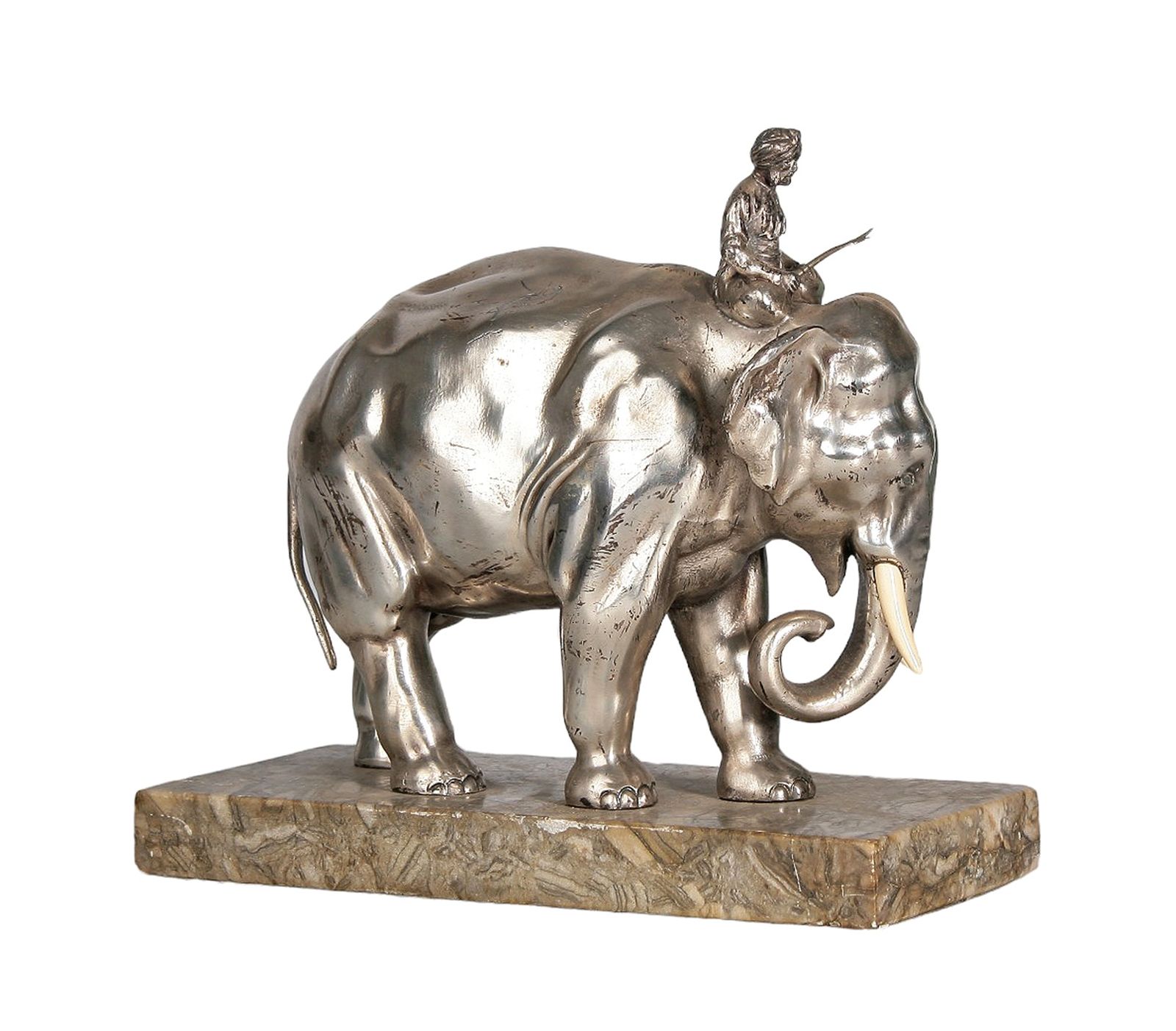 Ealy 20th Century Art Nouveau Silver Tone Metal/Bone Elephant And Rider Sculpture With Stone Base, France photo vinterior
