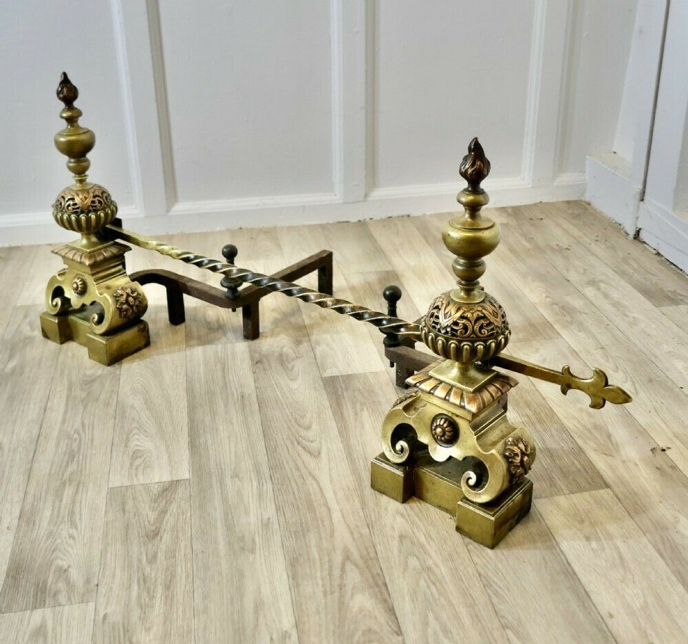 A Pair Of Large French Baroque Brass Andirons Or Chenets photo buy