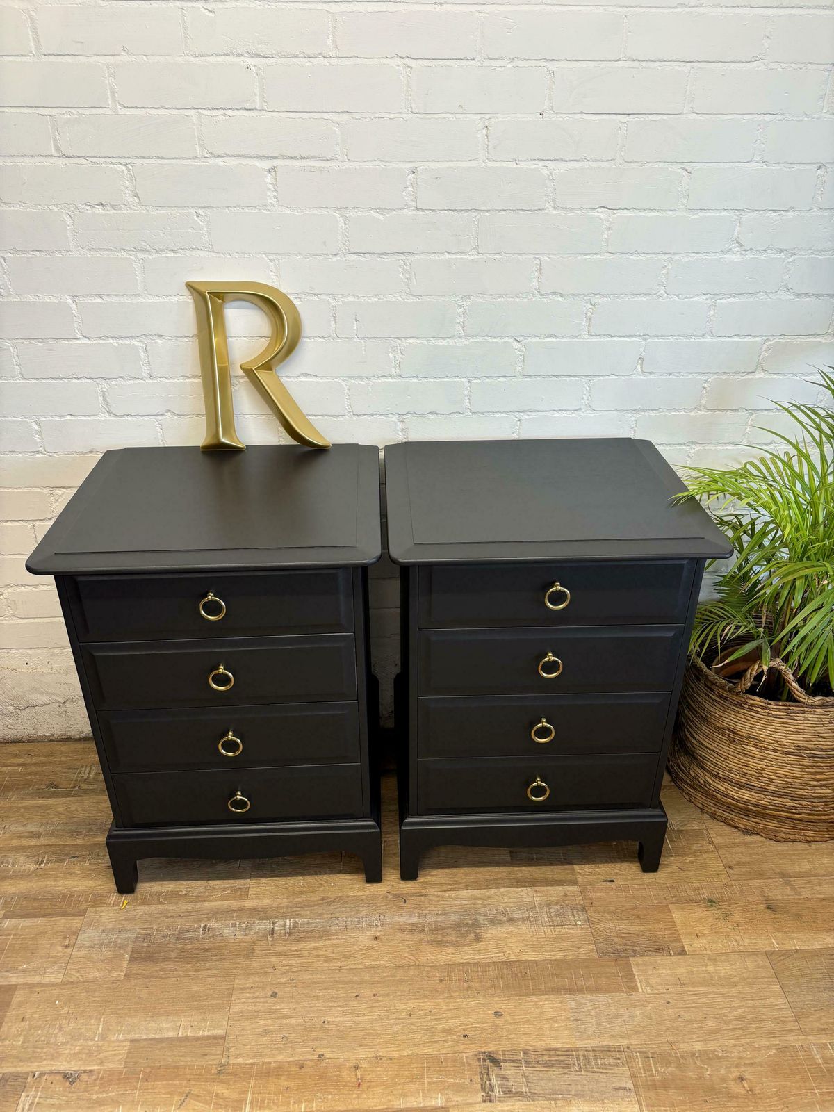 Stag Minstrel 4 Drawer Bedsides Painted Black Brass Ring Handles photo furniture