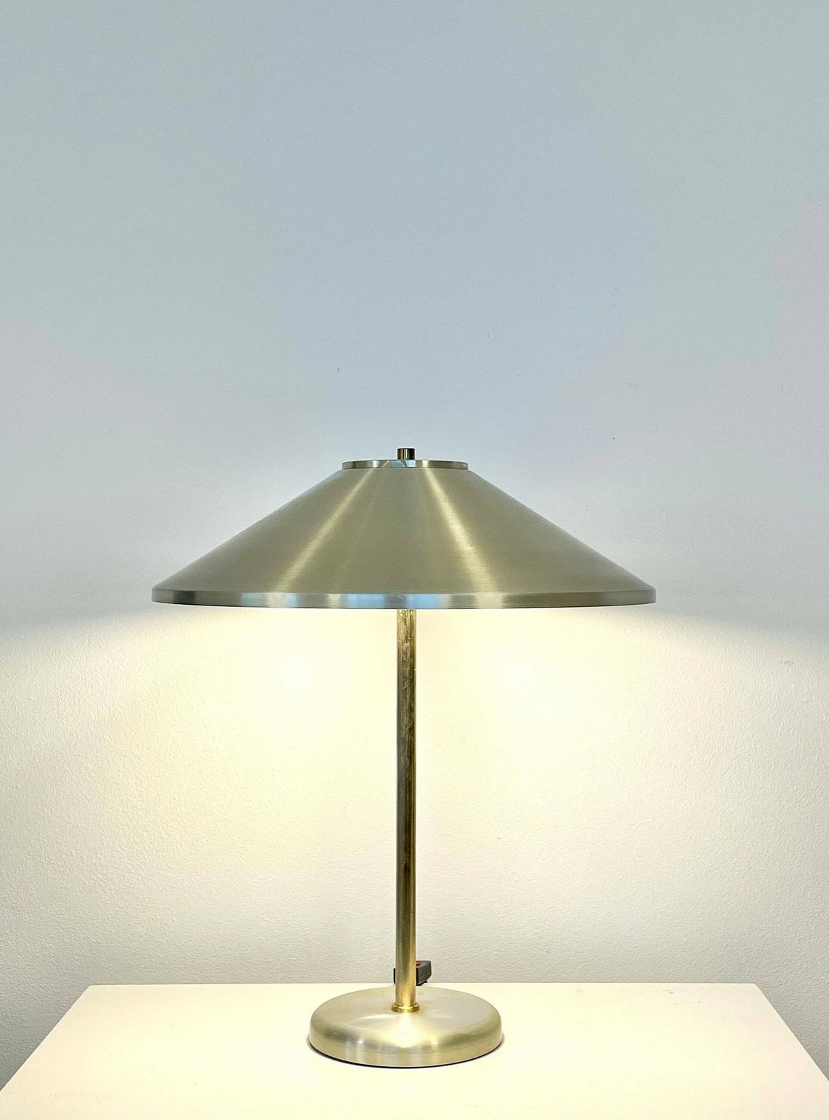 Stylish Vintage Danish Design Mid Century Modern Table Lamp In Gold Coloured Aluminium By Vitrika, Denmark photo for sale