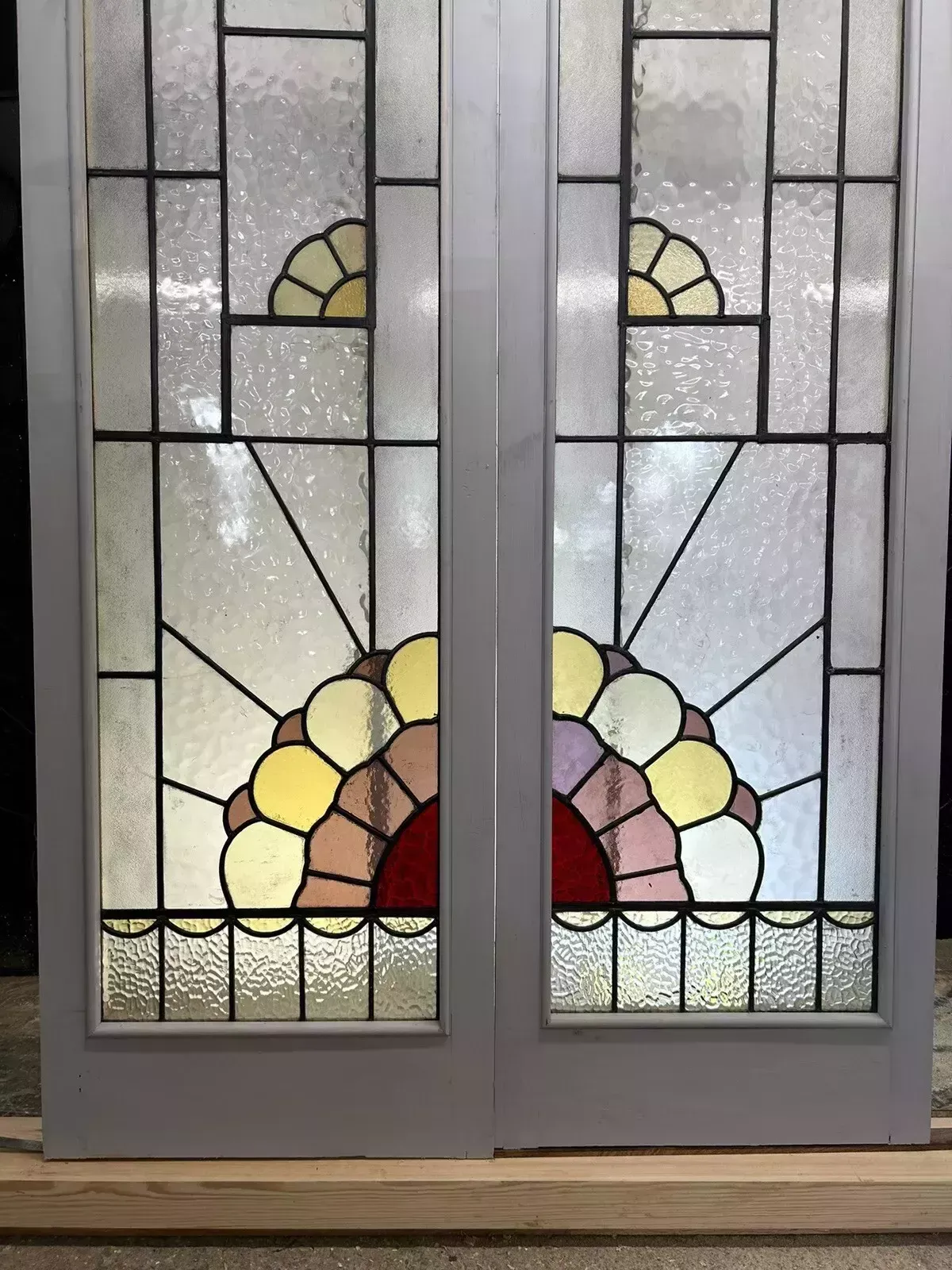 Art Deco Stained Glass Doors Antique Period Reclaimed Old French Lead Double Set photo for sale