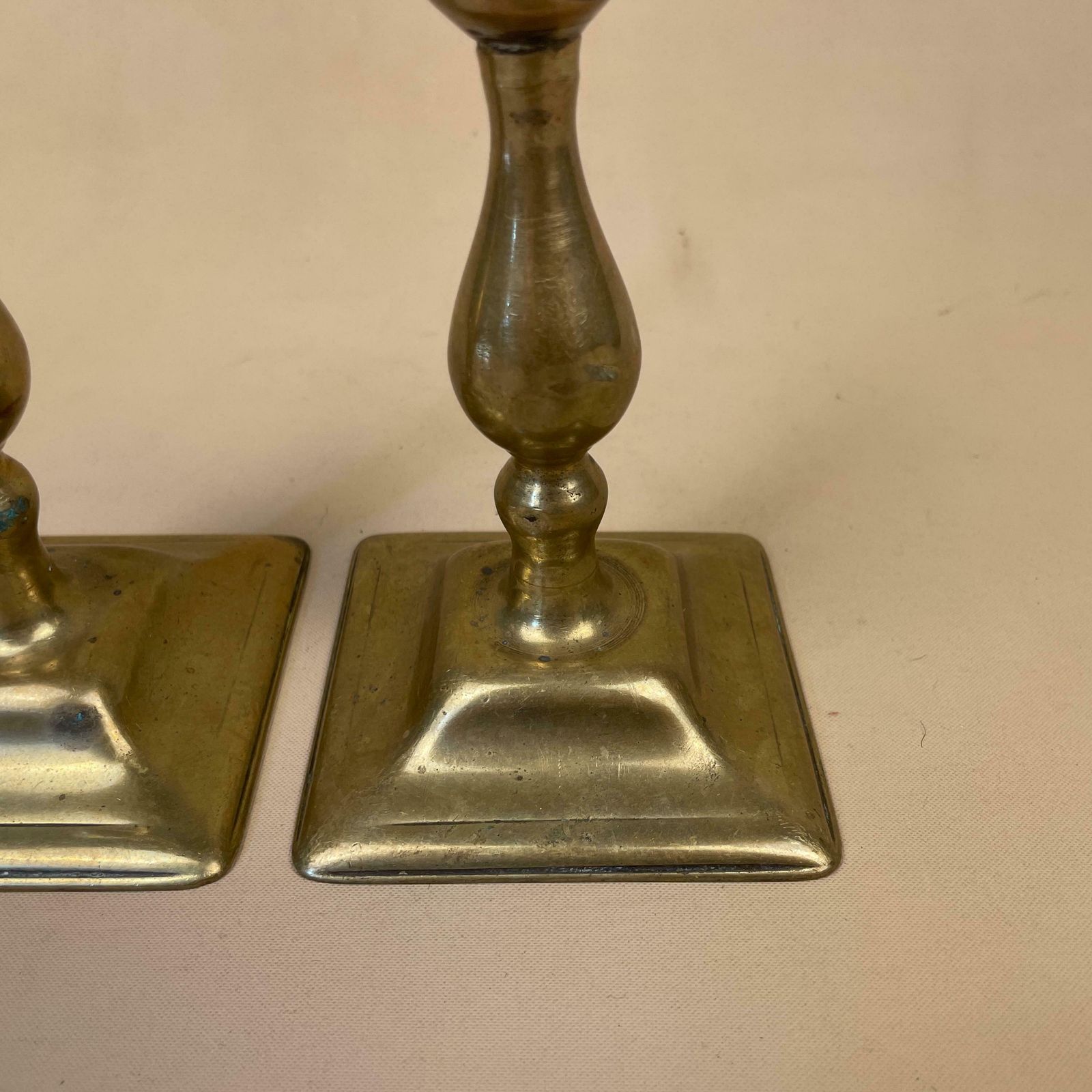 Antique Matching Pair Of Gold Brass Metal Candlestick Candle Stick Vintage Column Taper Dinner Candlesticks Square Base Column photo buy