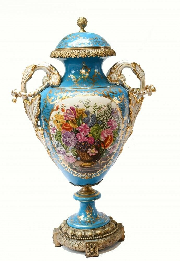 Pair Large Sevres Floral Porcelain Vases Amphora Urns photo buy