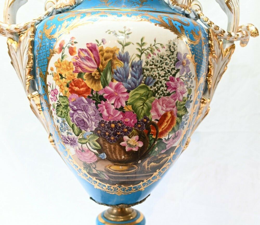 photo furniture Pair Large Sevres Floral Porcelain Vases Amphora Urns