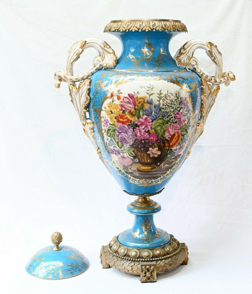 photo vinterior Pair Large Sevres Floral Porcelain Vases Amphora Urns