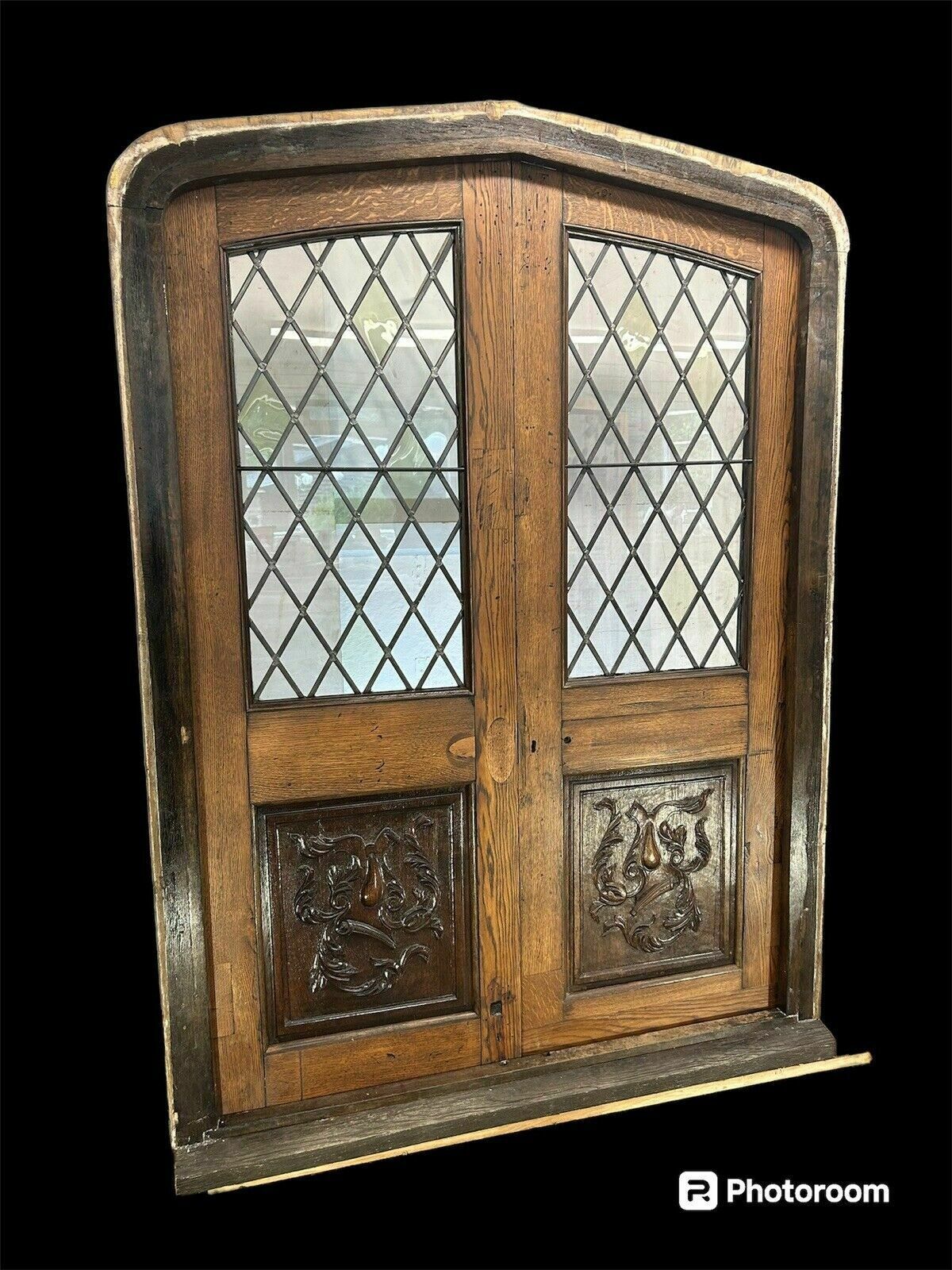 Arched Solid Oak Doors Frame Reclaimed Period Double French Antique Set Leaded photo for sale