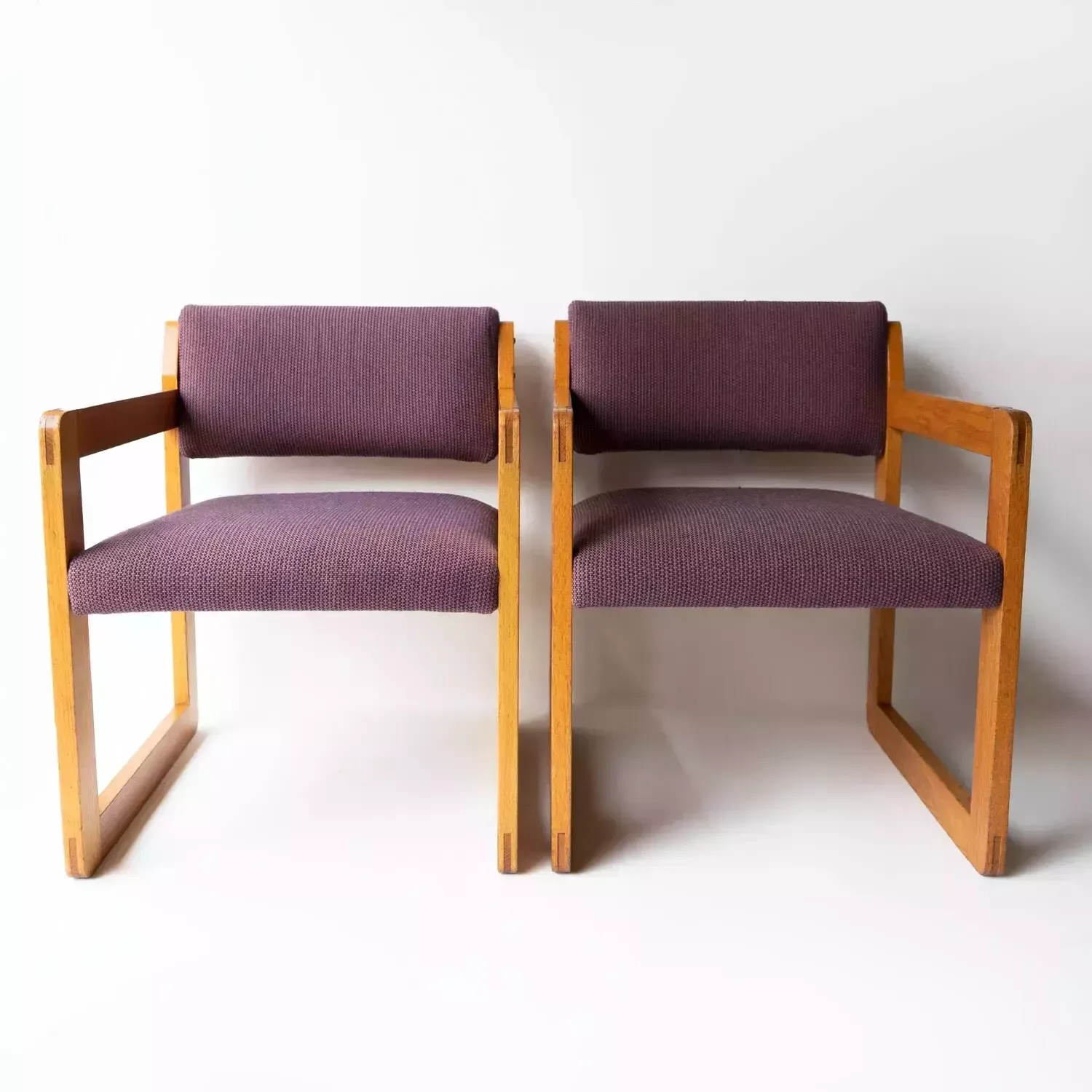 Pair Of Vintage Sculptural Upholstered Oak Cube Armchairs, C. 1970’s photo Furniture