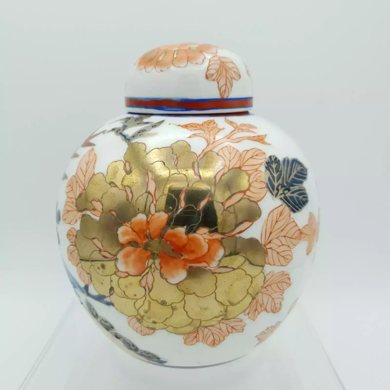 Chinese Qianlong Ginger Jar Hand Painted Imari Porcelain Raised Floral & Gilt