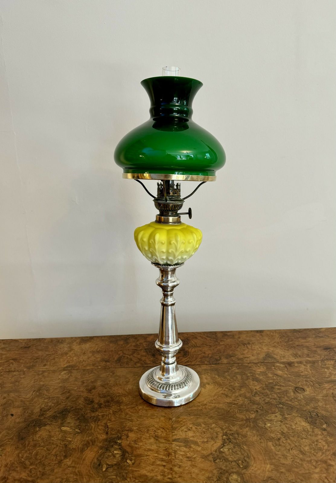 Fine Quality Victorian Silver Plated And Satin Glass Peg Oil Lamp