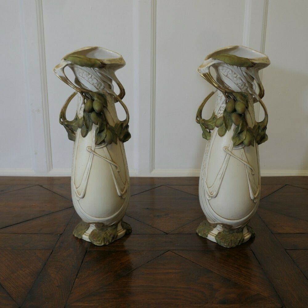 A Pair Of Large Royal Dux Bohemia Art Nouveau 19th Century Porcelain Vases photo vintage