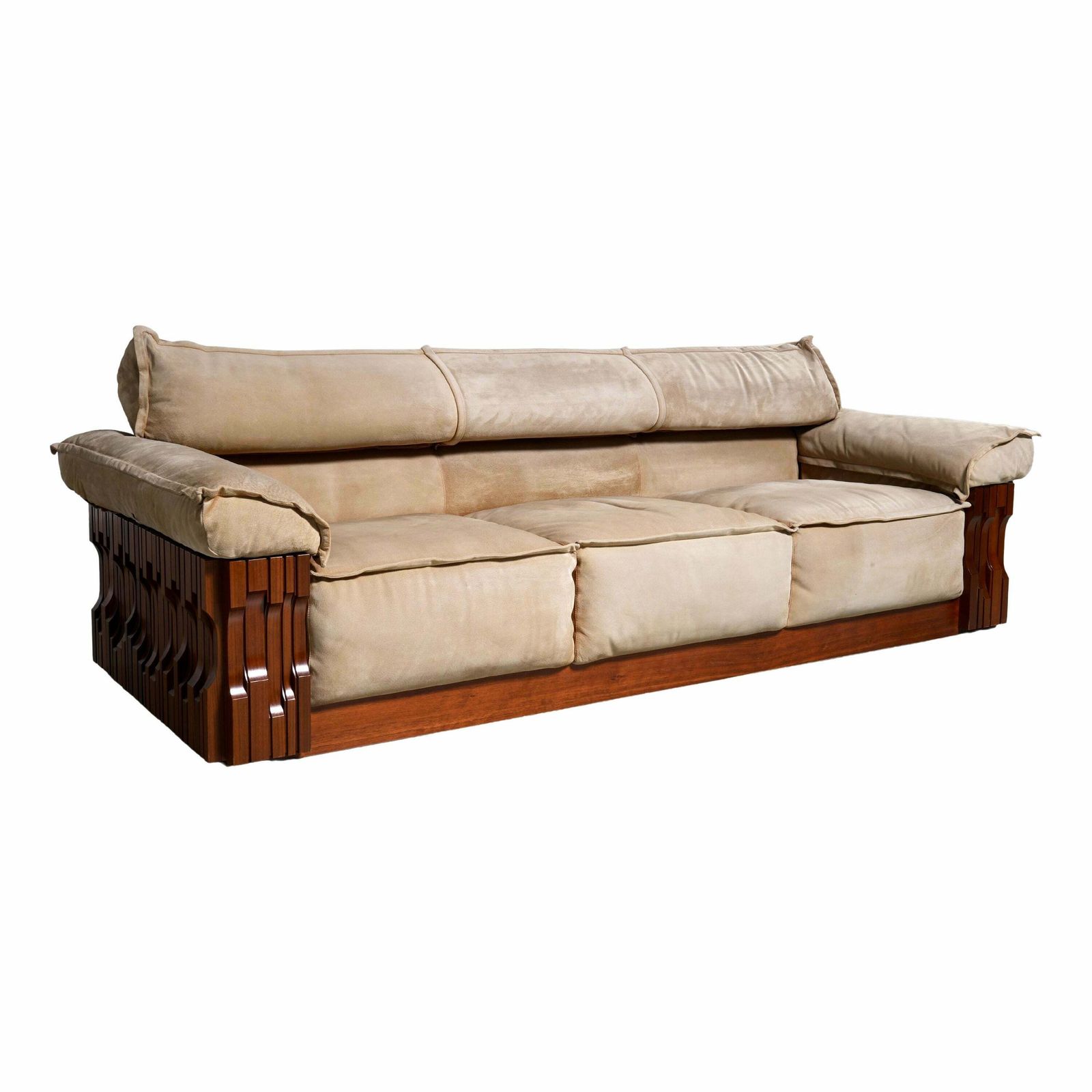 Luciano Frigerio 'Norman' 3 Seat Sofa In Walnut And Suede, Italy, 1968