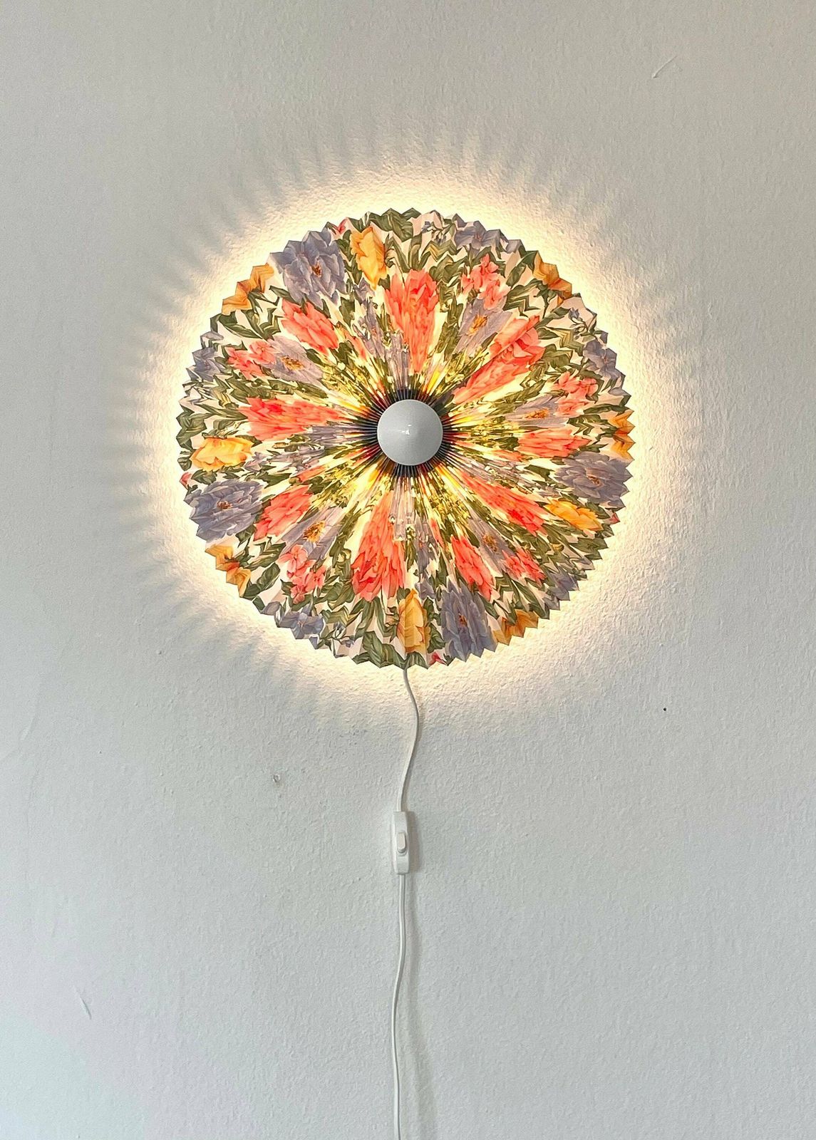Danish Original Vintage Mid Century Colourful Flower Patterned Pleated Wall Or Ceiling Lamp Model 900   Design By Danalight, Denmark photo for sale