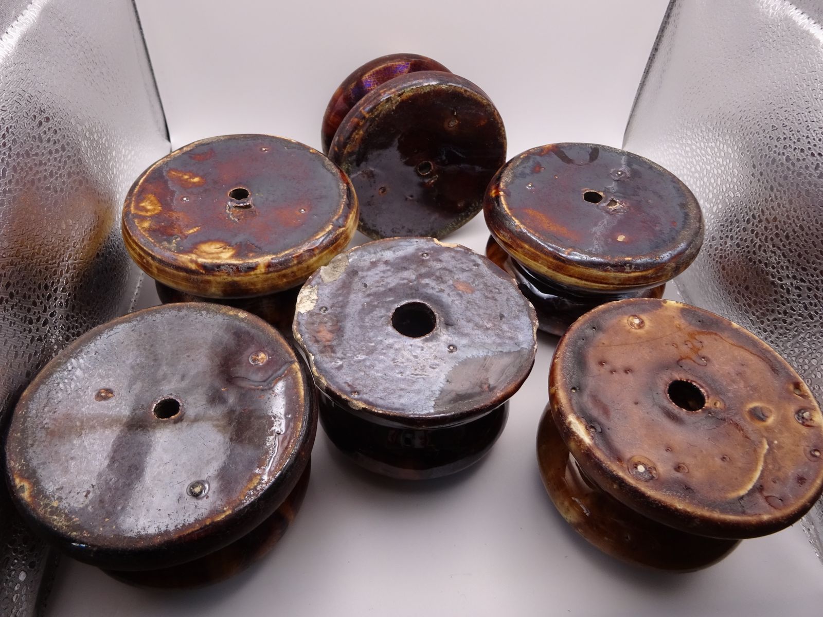 Rare Find 6 Antique Treacle Glazed Pottery Furniture Feet/Castor Cups/Carpet Protectors , As Found Condition photo for sale