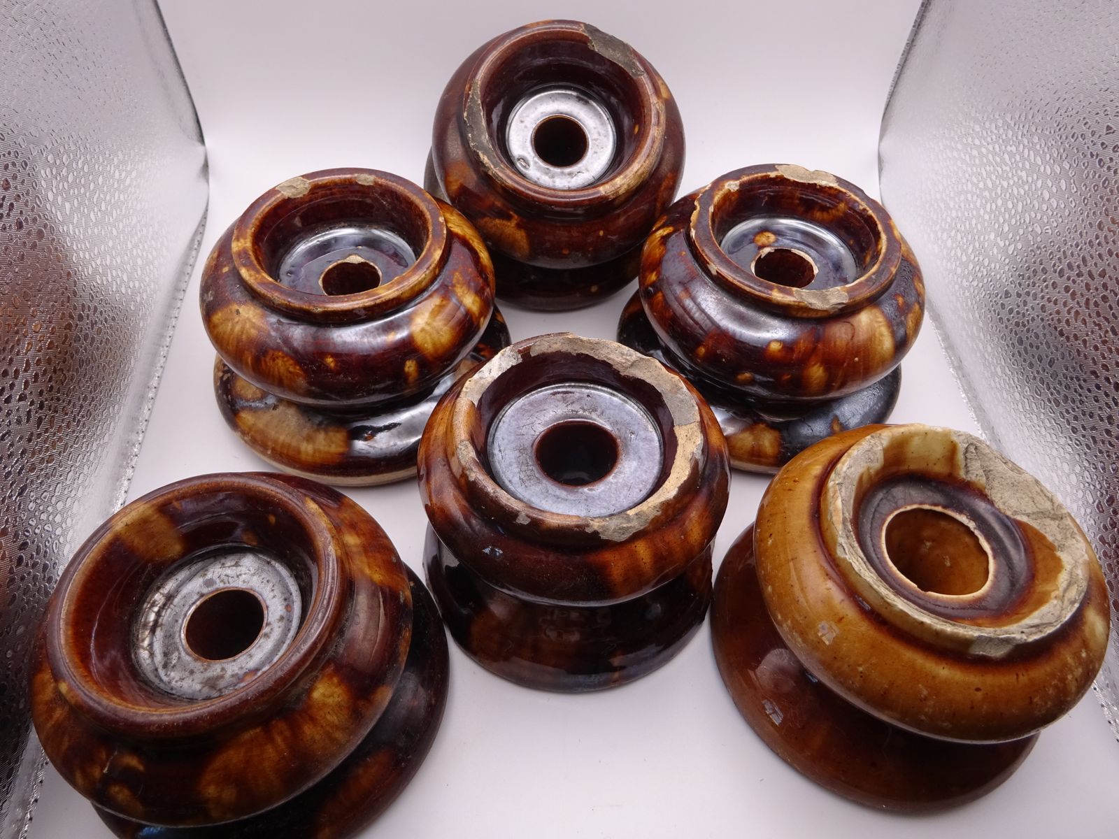 Rare Find 6 Antique Treacle Glazed Pottery Furniture Feet/Castor Cups/Carpet Protectors , As Found Condition photo Home Decor
