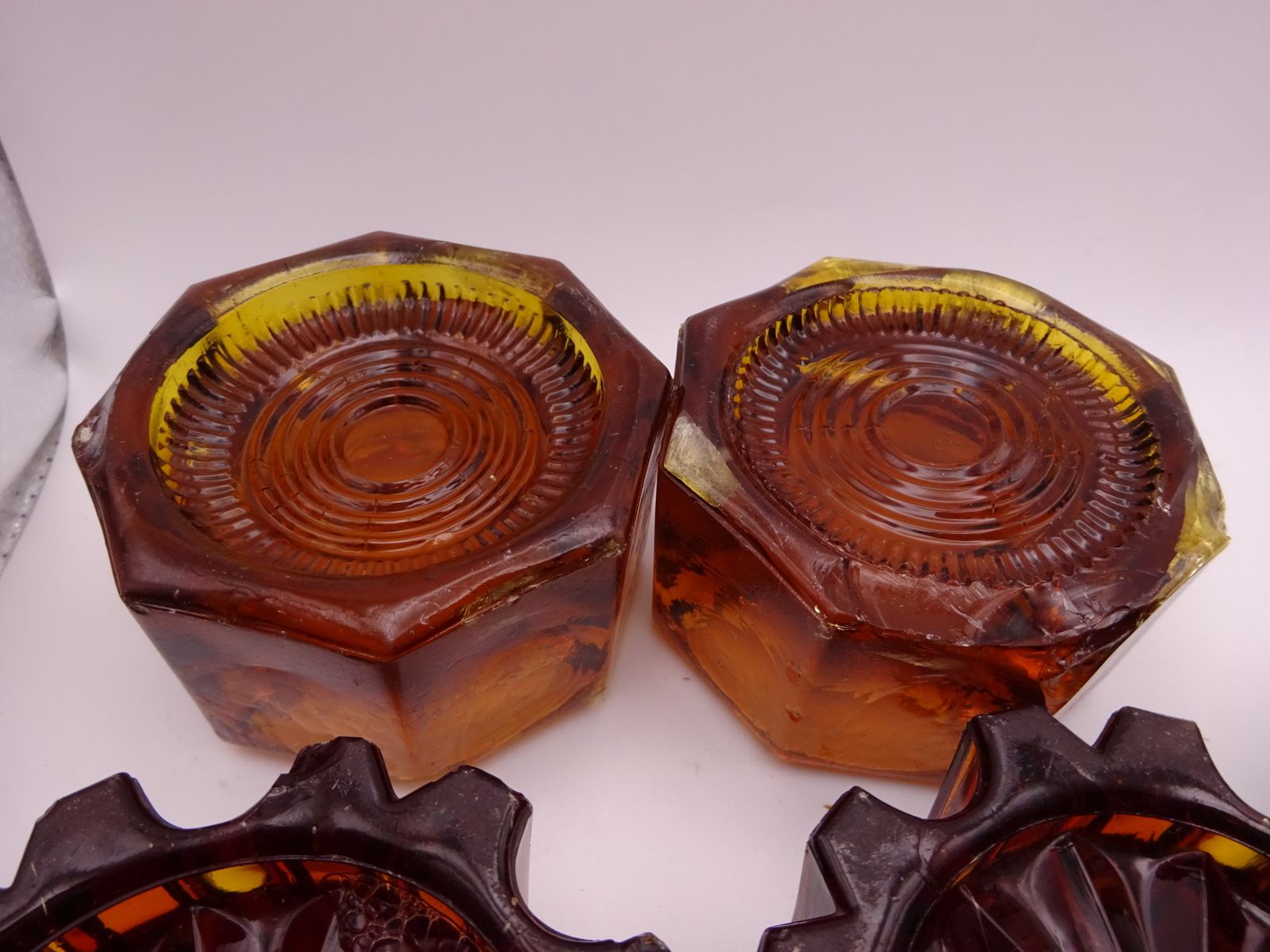 140.0 8 Antique Coloured Pressed Glass Furniture Feet/Castor Cups photo