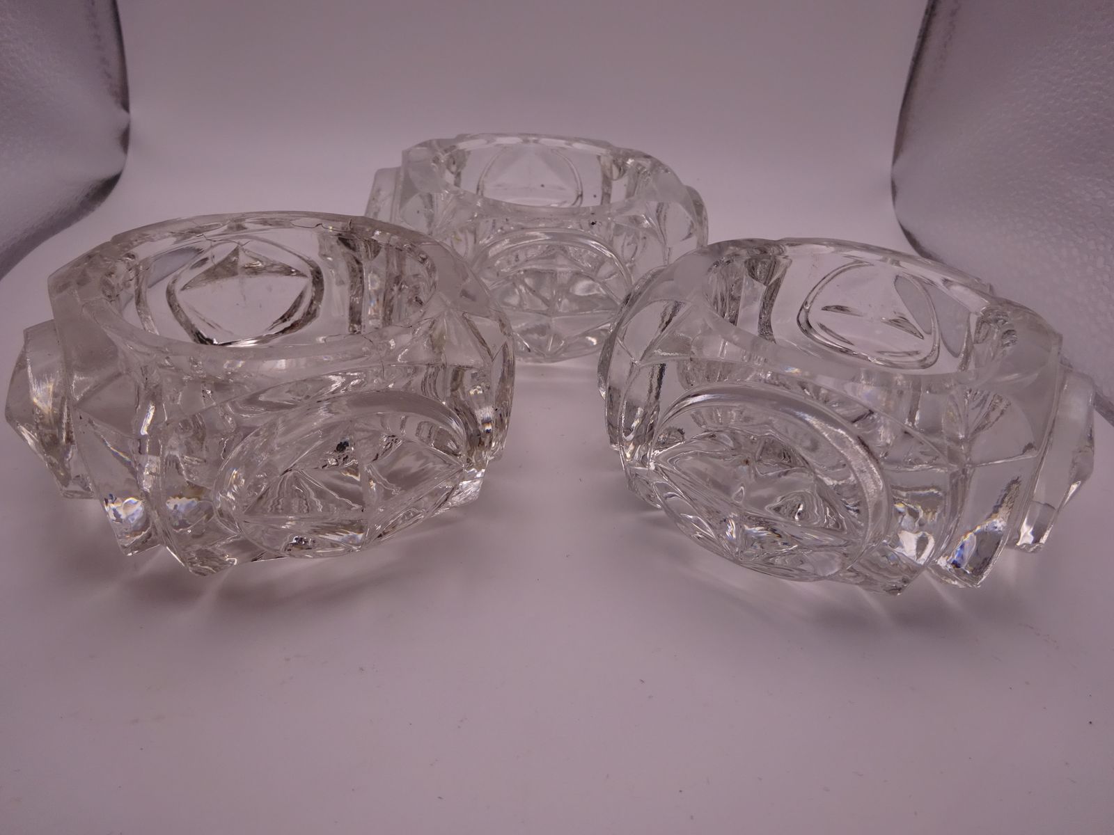 3 Antique Pressed Glass Furniture Feet/Castor Cups