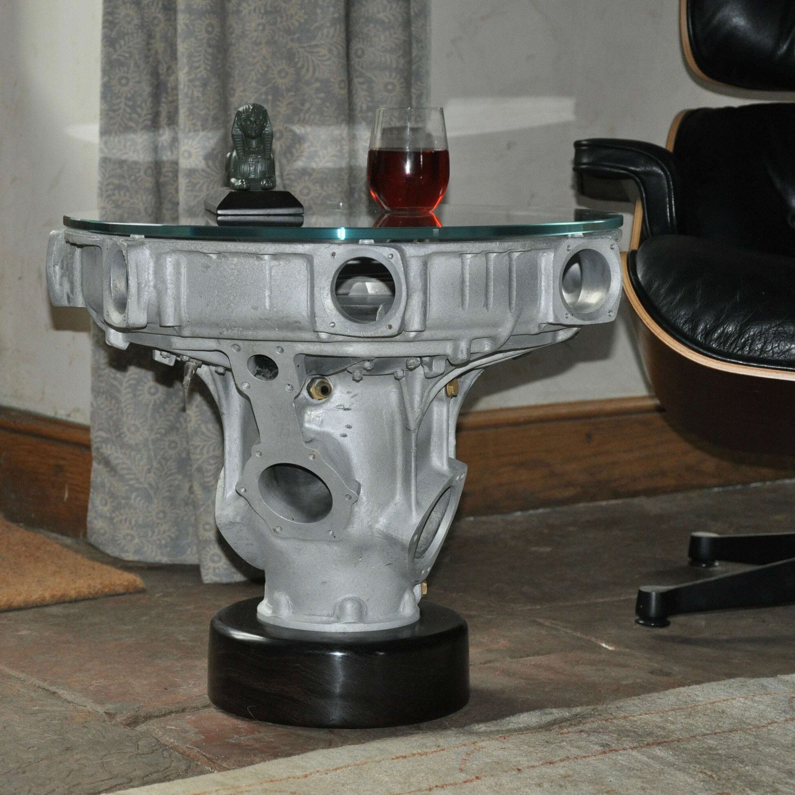 Ww2 Cheetah Aircraft Engine Supercharger Casting Industrial Design Coffee Table With Glass Top And Sphinx Mascot Ornament photo vintage
