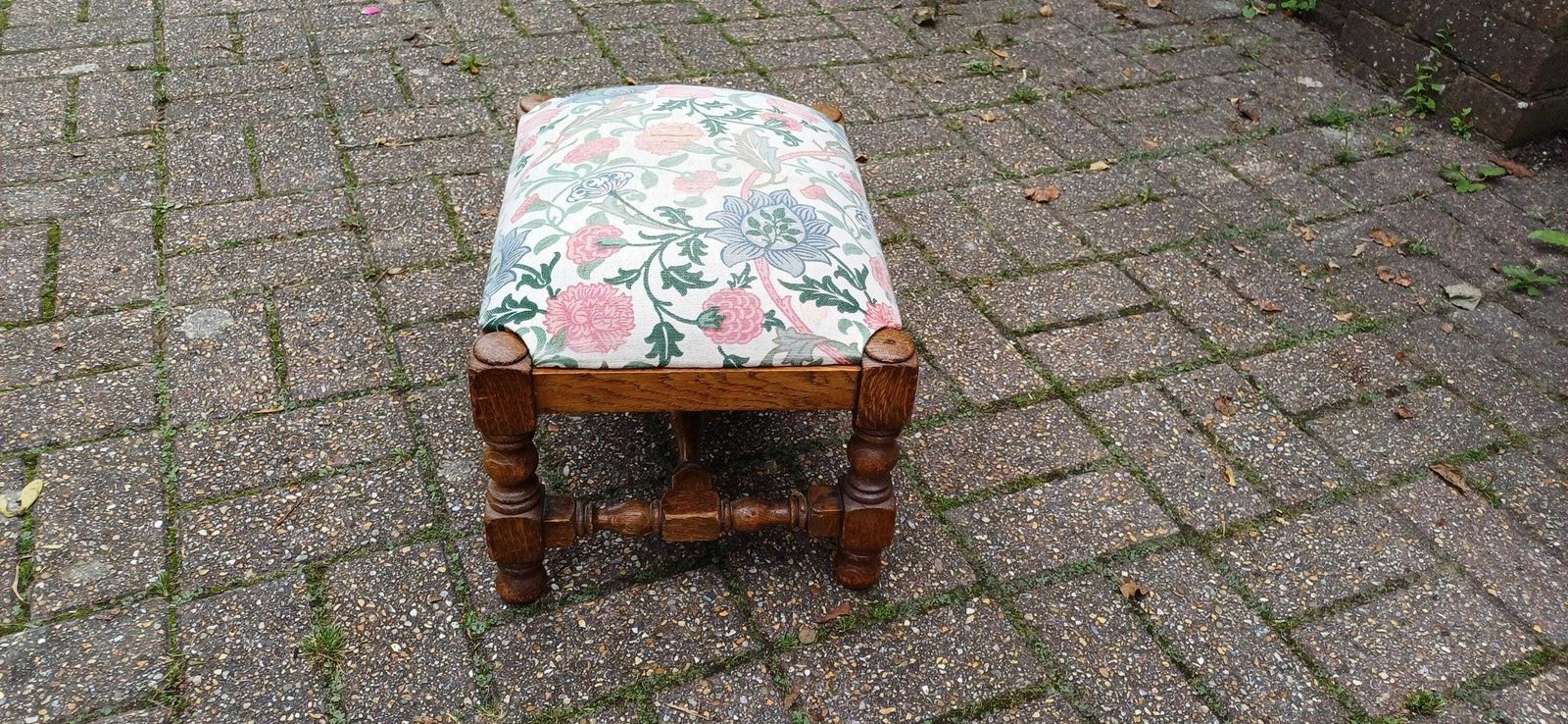 Pretty Vintage Solid Oak Upholstered Stool Floral Flower Upholstery photo furniture