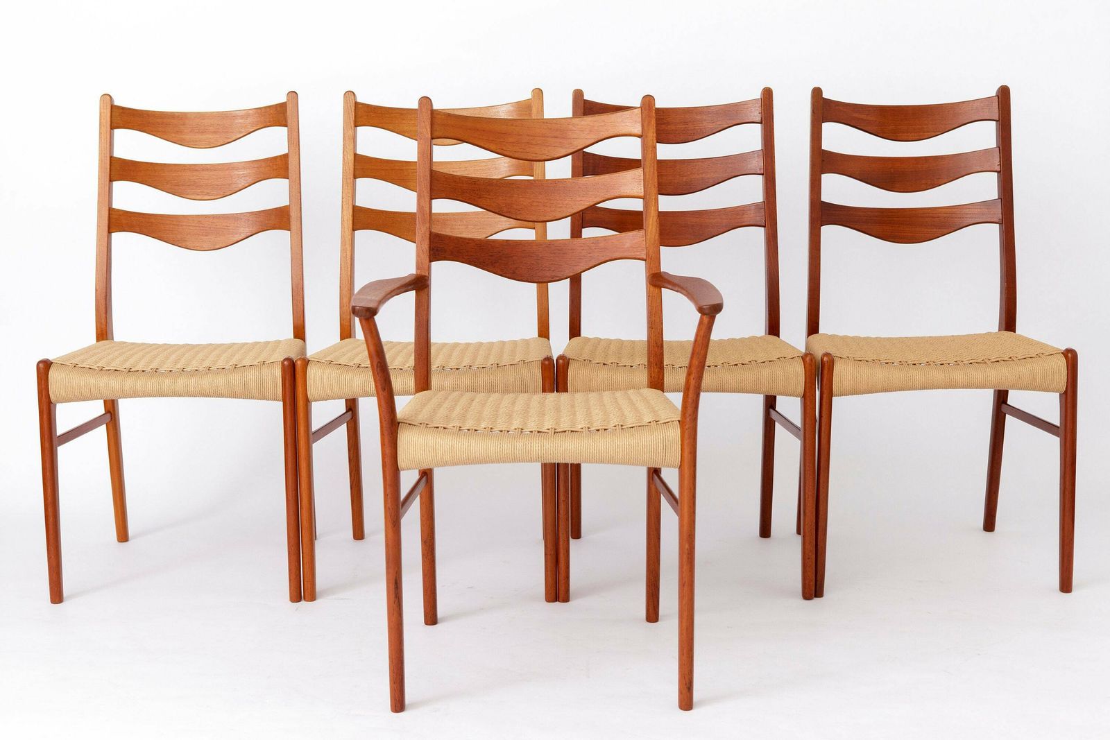 5 Arne Wahl Iversen Mid Century Teak Dining Chairs With Papercord Seats For Glyngøre Stolefabrik, Model Gs91