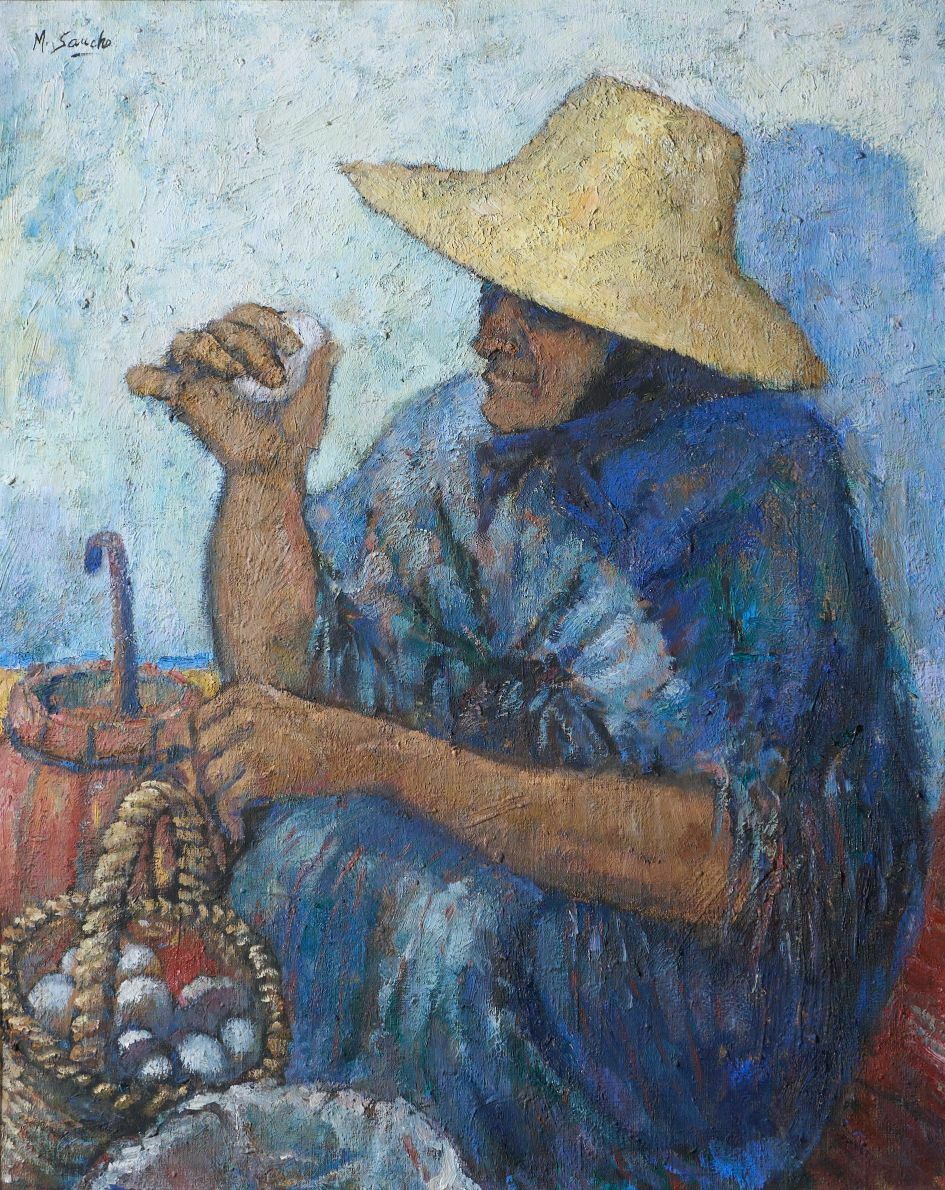 20th Century Oil On Canvas Of A Lady Selling Eggs  M Sancho photo 2065.0