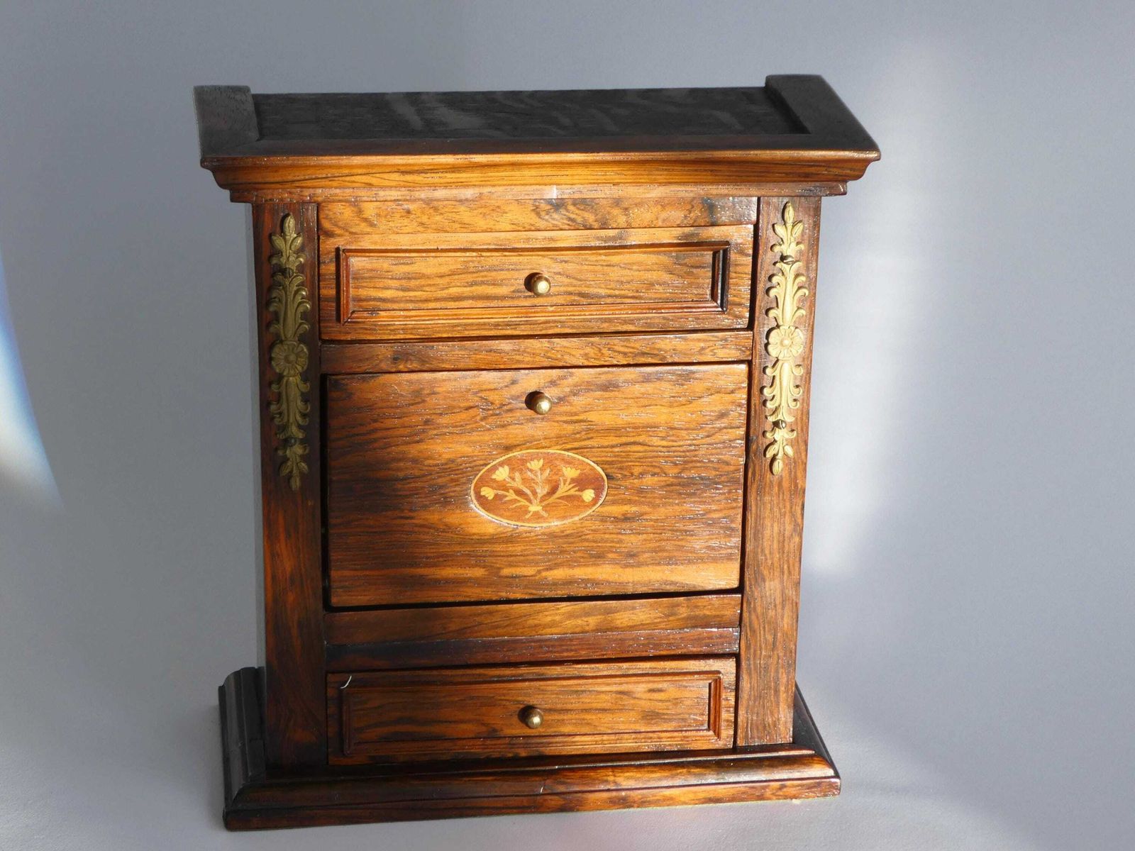 Small Vintage Wooden Jewellery Box, Cute Oak Marquetry Cabinet With Brass Ornaments photo furniture