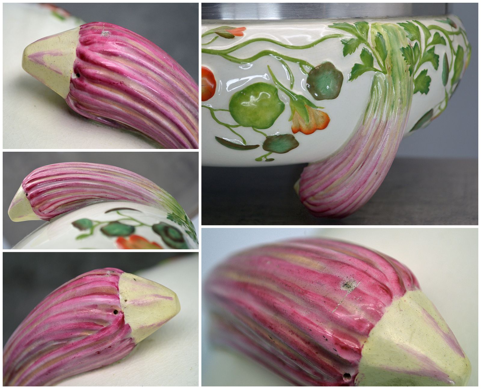 Antique Ceramic Majolica Salad Bowl (Or Soup Tureen) With Original Serving Cuttlery. photo for sale