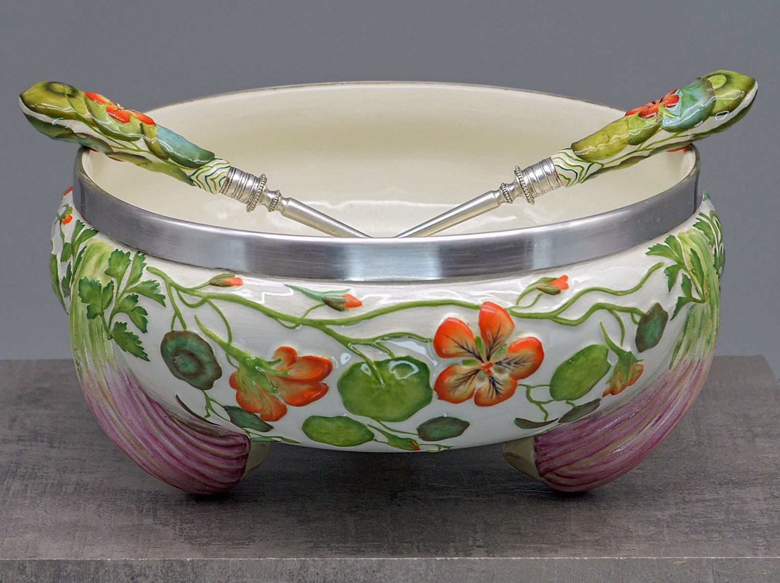 photo furniture Antique Ceramic Majolica Salad Bowl (Or Soup Tureen) With Original Serving Cuttlery.