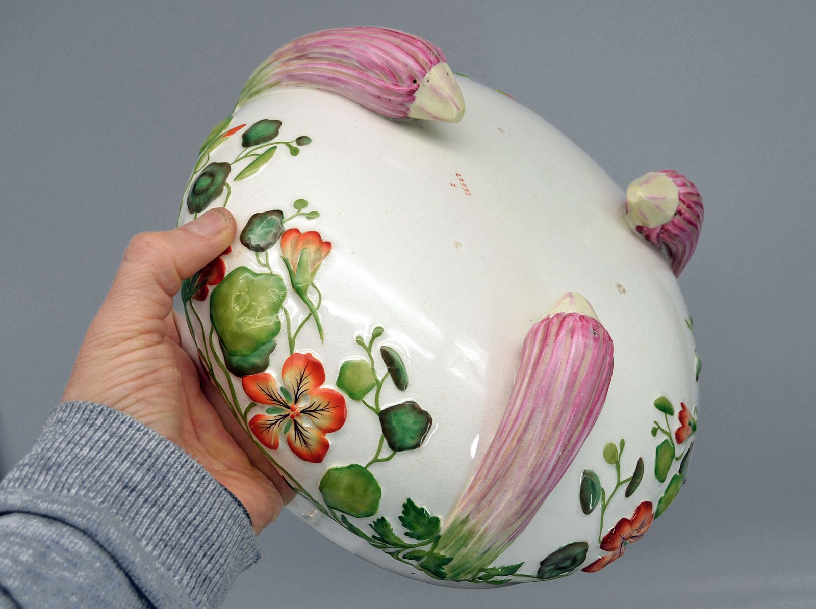 photo for sale Antique Ceramic Majolica Salad Bowl (Or Soup Tureen) With Original Serving Cuttlery.