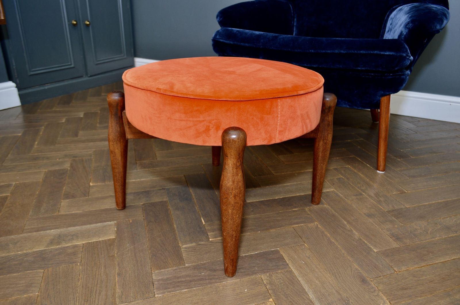 Retro/ Mid Century Teak And Velvet Orange Ottoman /Footstool photo for sale
