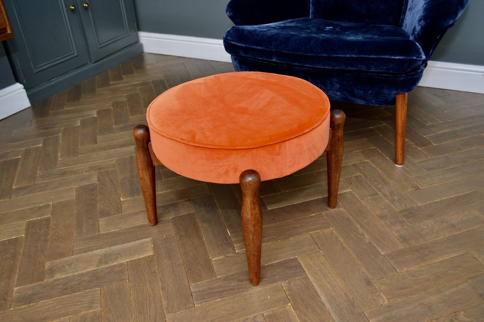 Retro/ Mid Century Teak And Velvet Orange Ottoman /Footstool photo 295.0