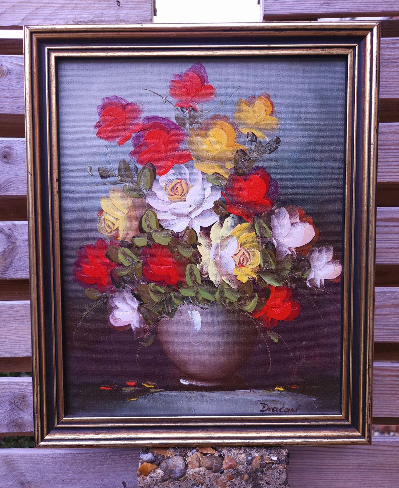 Small Floral Oil Painting In Gold Wood Frame photo for sale