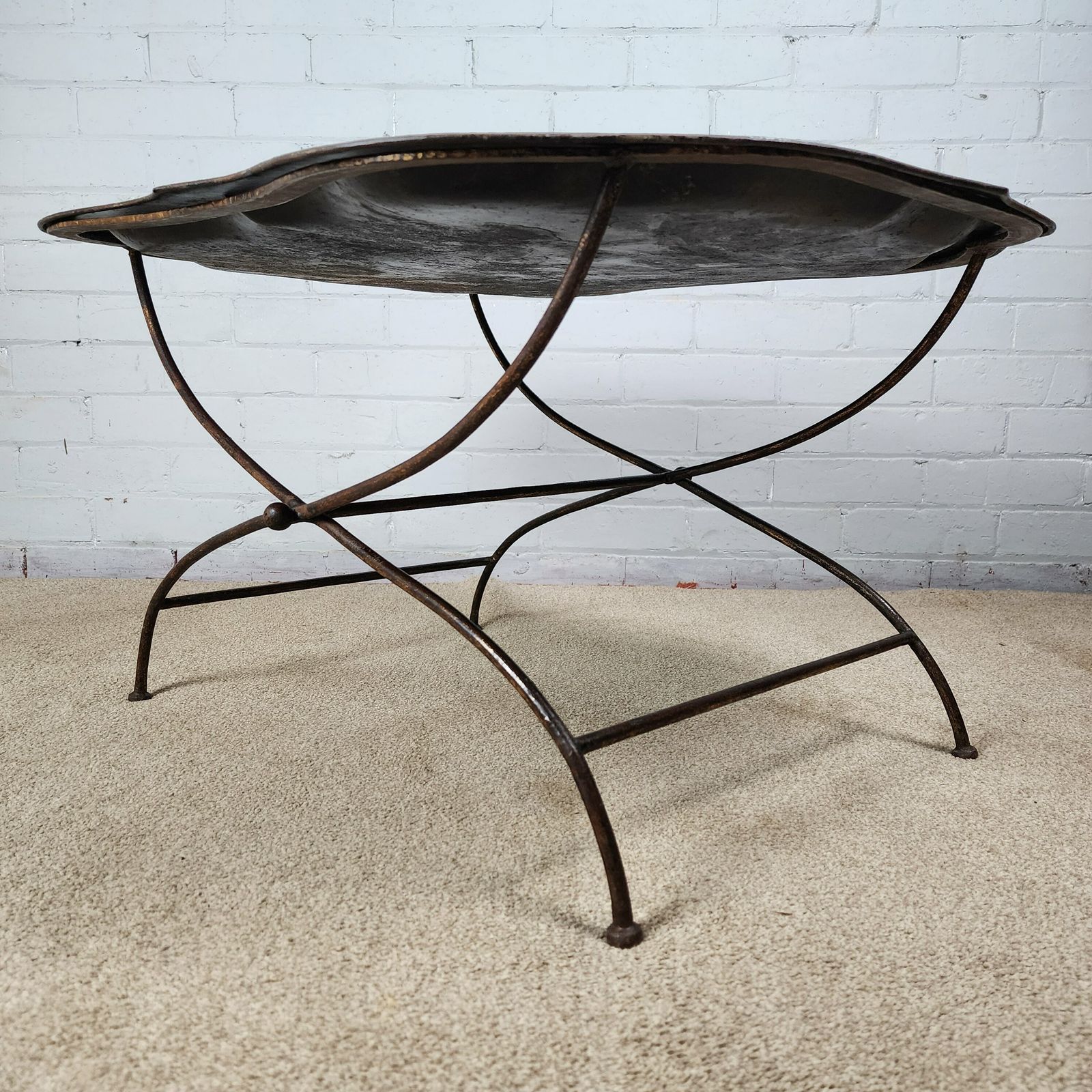 A Georgian Toleware Serpentine Tray On X Frame Iron Stand photo for sale