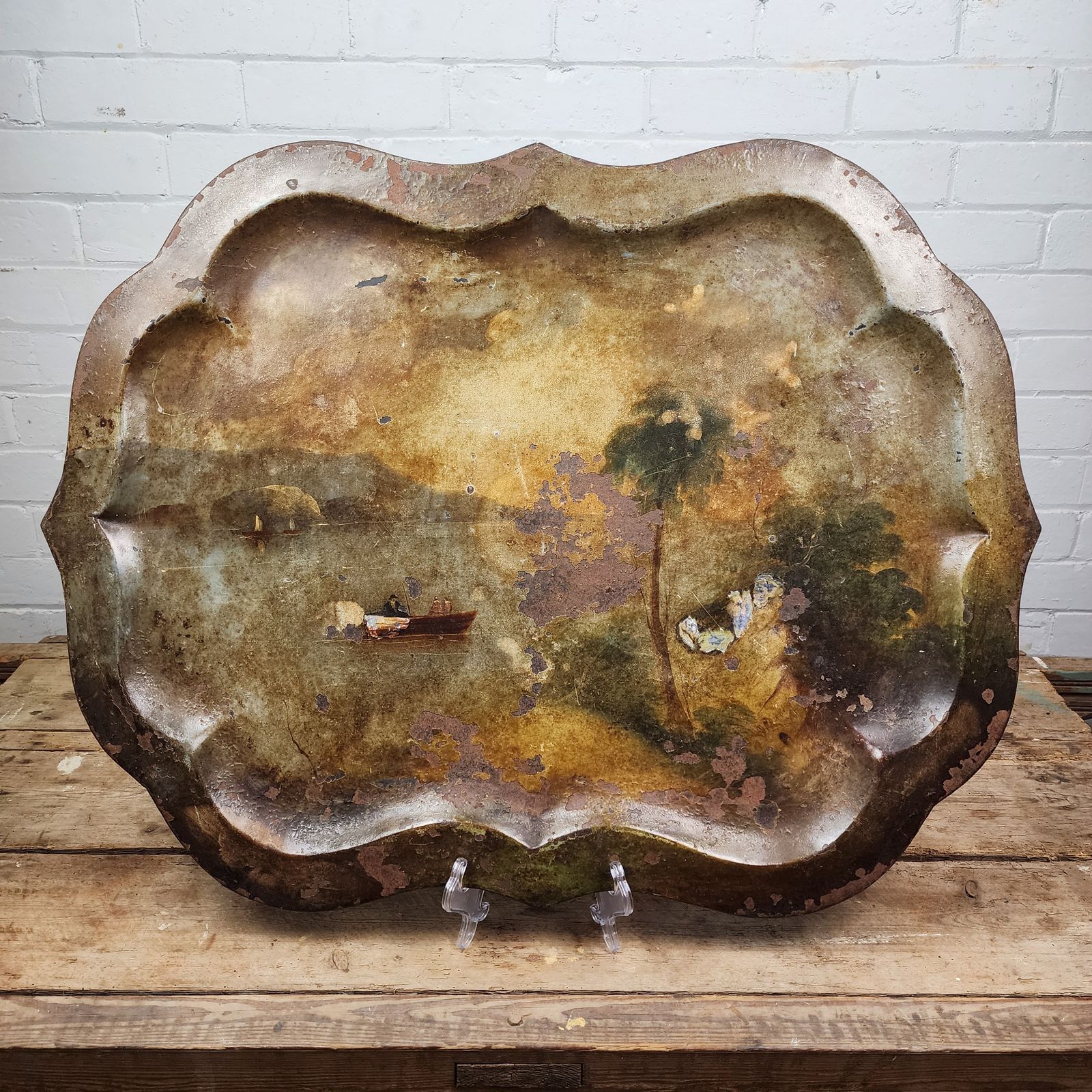 A Georgian Toleware Serpentine Tray On X Frame Iron Stand photo buy