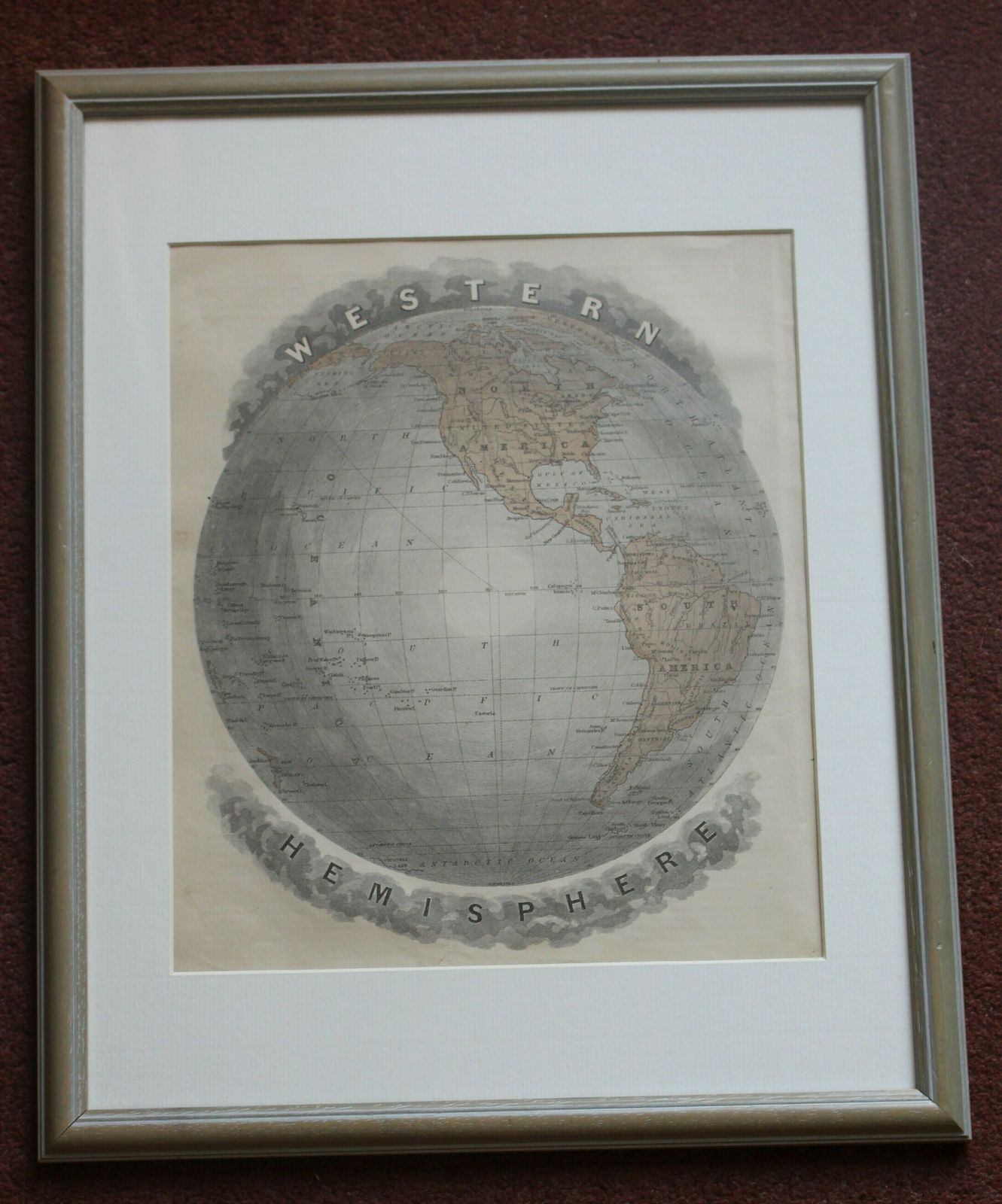 The Western Hemisphere And Eastern Hemisphere Pair Of Framed Lithograph Maps 1877 photo for sale