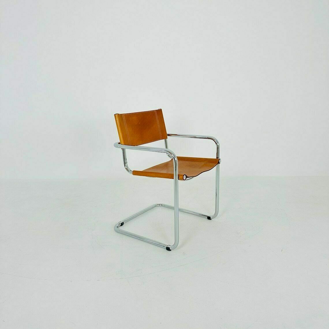 Vintage Model S34 Cognac Saddle Leather Dining Chair By Mart Stam & Marcel Breuer 1980s