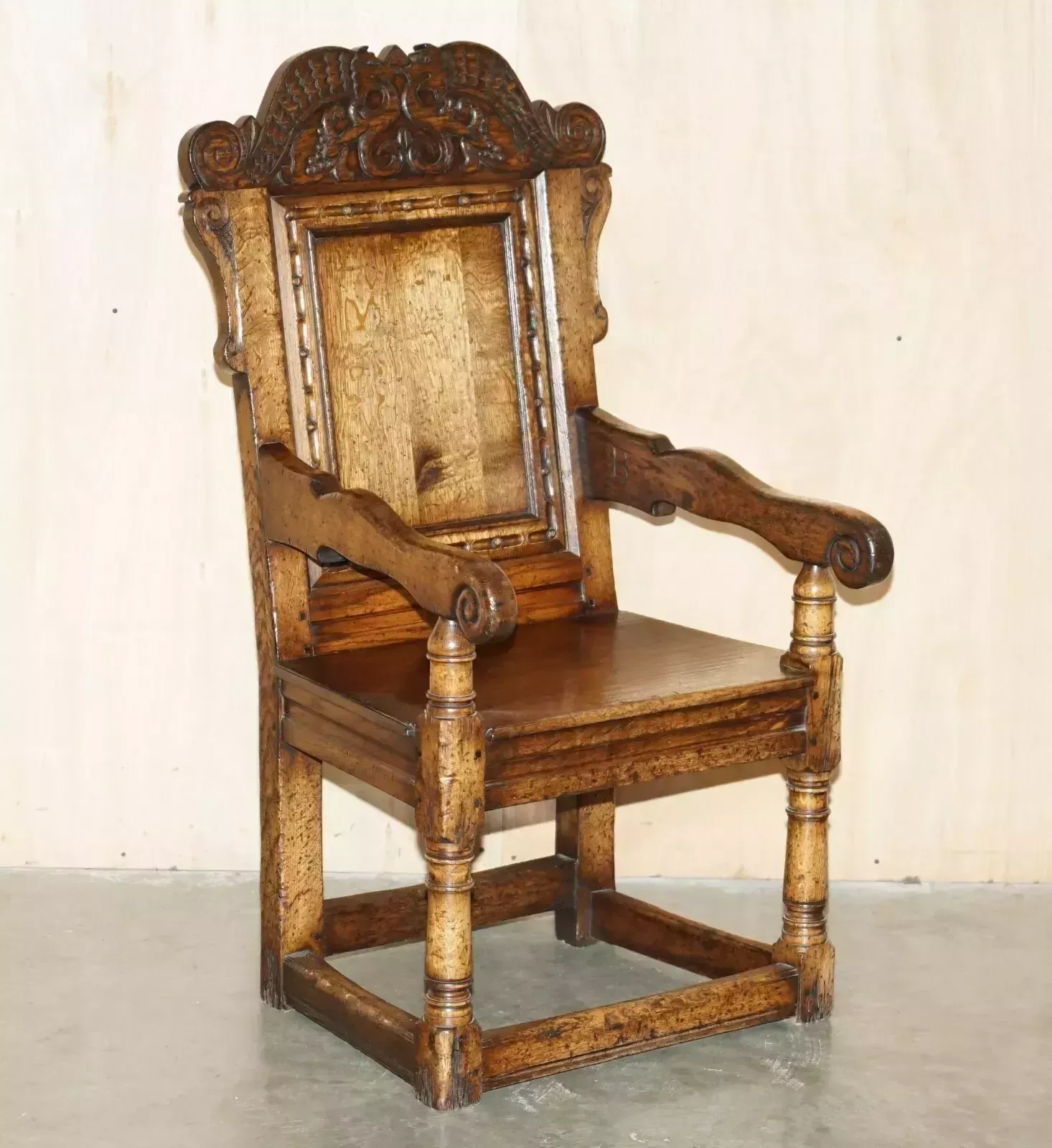 Fine & Rare Original 19th Century Wainscot Armchair England Oak With Side Drawer