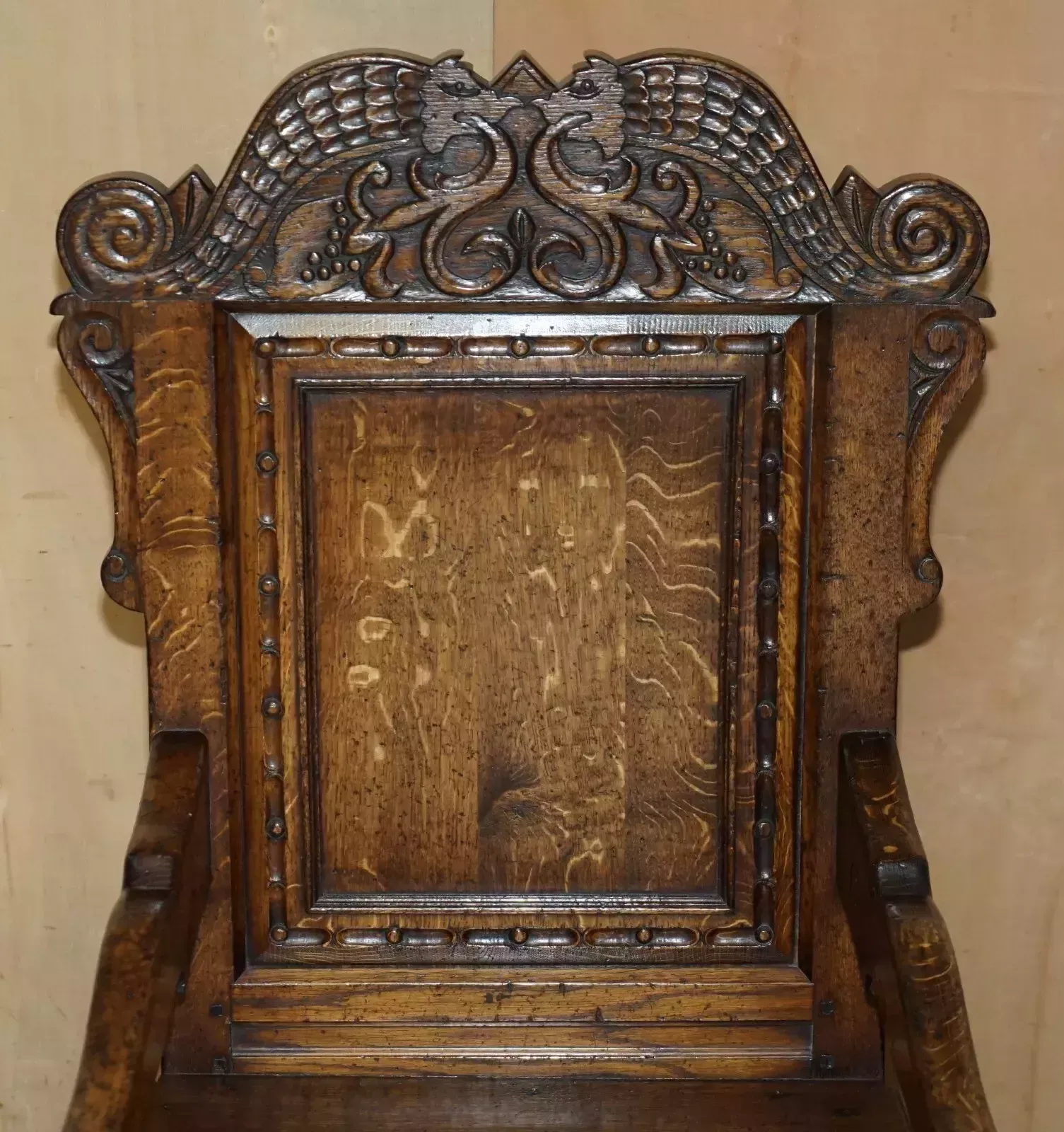 Fine & Rare Original 19th Century Wainscot Armchair England Oak With Side Drawer photo for sale