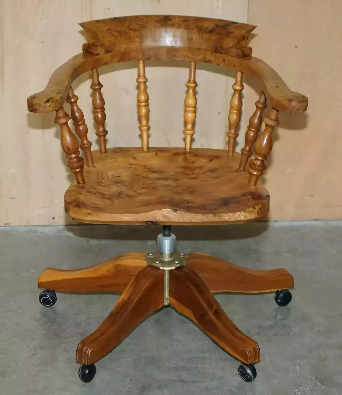 Super Rare Highly Collectable Burr Yew Wood Windsor Swivel Captains Office Chair photo for sale