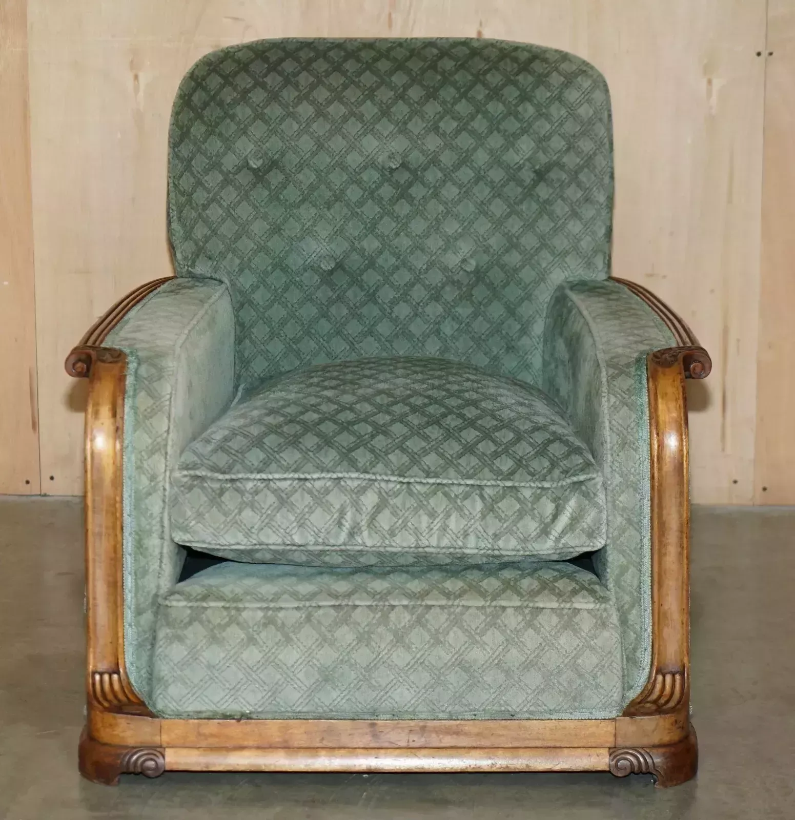 photo buy Ornately Hand Carved Walnut Art Deco Circa 1920's Antique Sofa & Armchair Suite