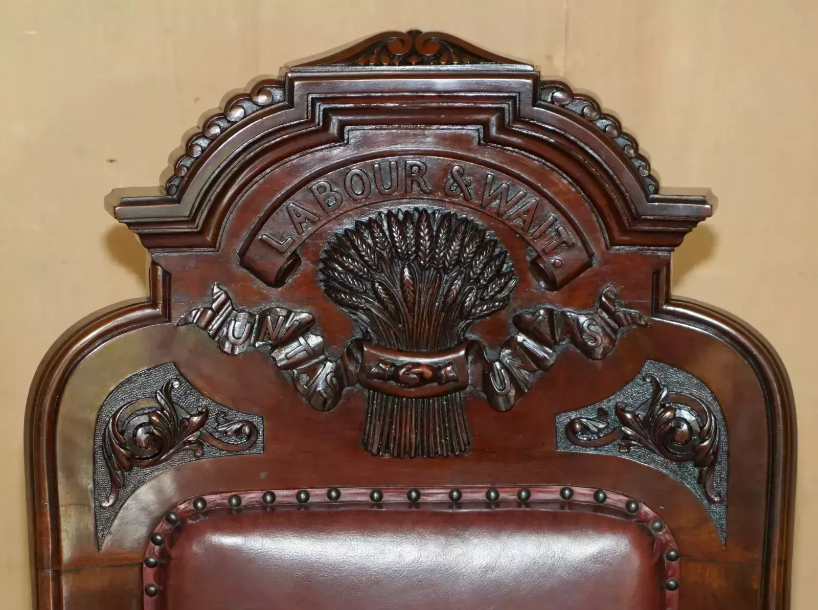 Exqusiite Antique English Hand Carved Harvest "Labour & Wait" Throne Armchair photo Furniture