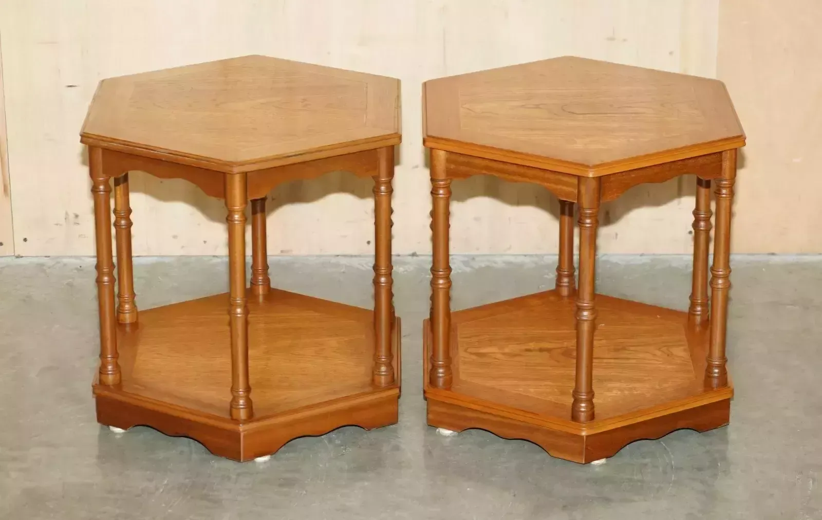 Fine Pair Of Vintage Hexagonal Side End Tables With Chippendale Bamboo Pillars photo furniture