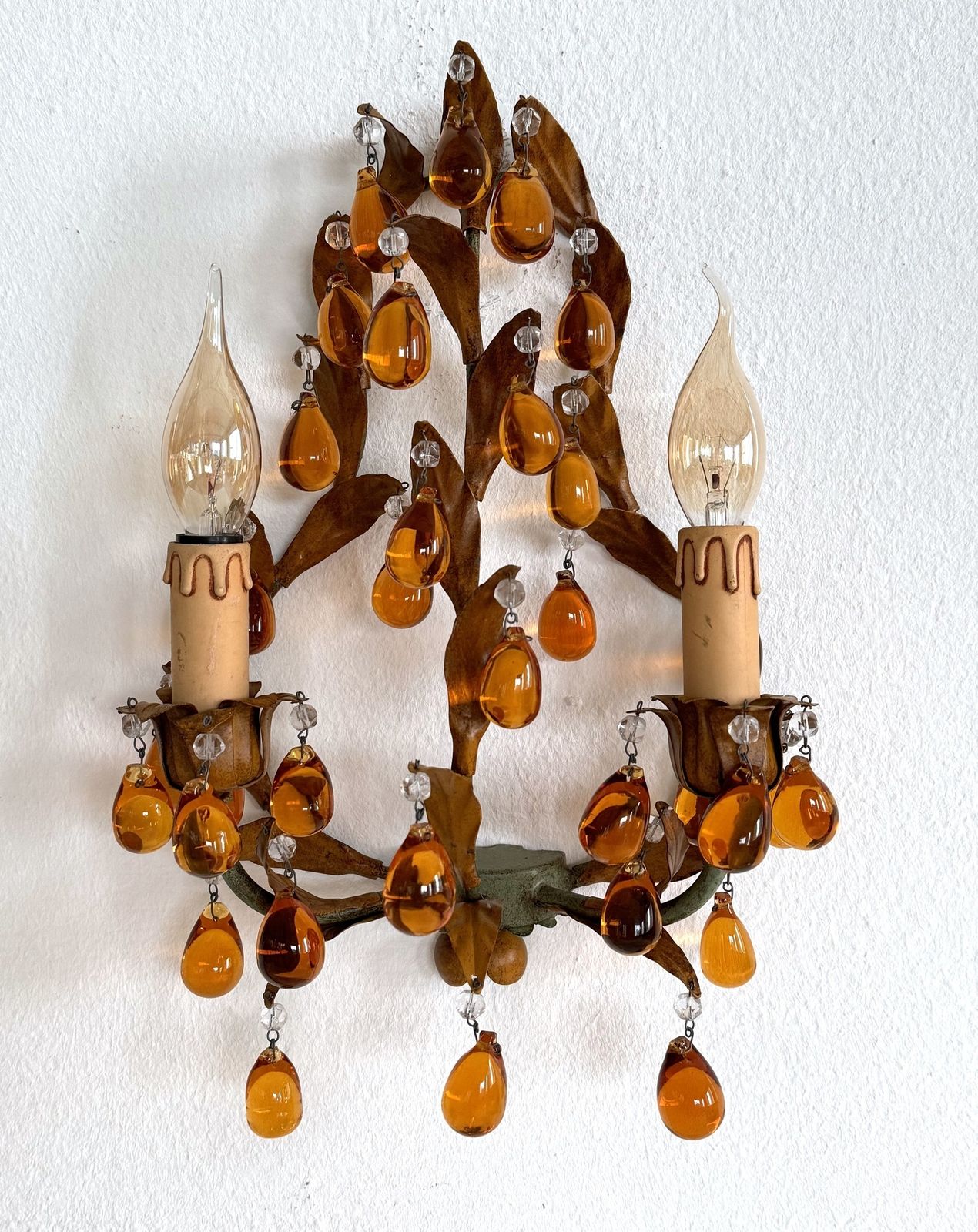 Italian Mid Century Tole And Amber Murano Glass Drops Wall Sconces, 1950s photo vinterior