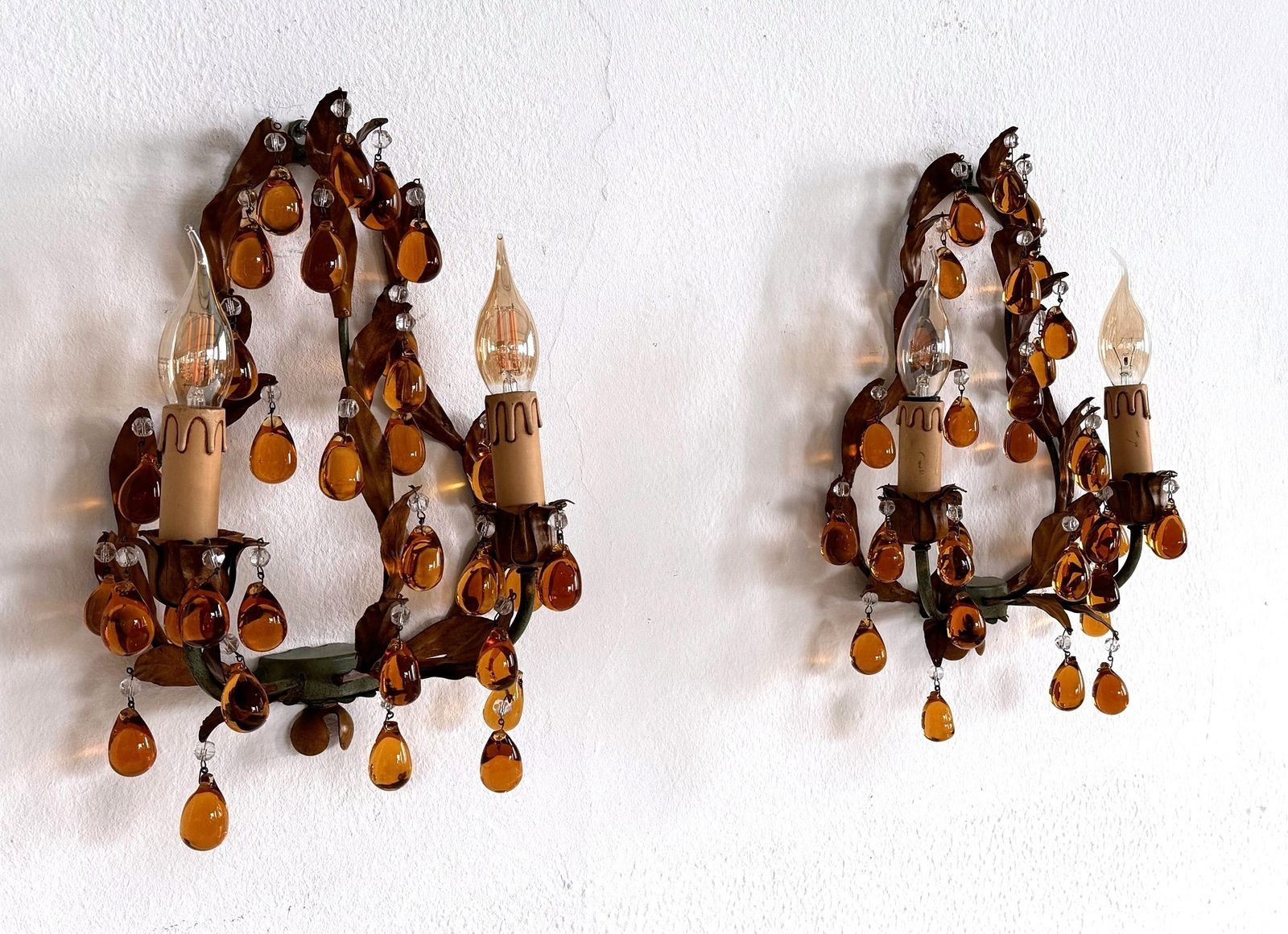 photo furniture Italian Mid Century Tole And Amber Murano Glass Drops Wall Sconces, 1950s