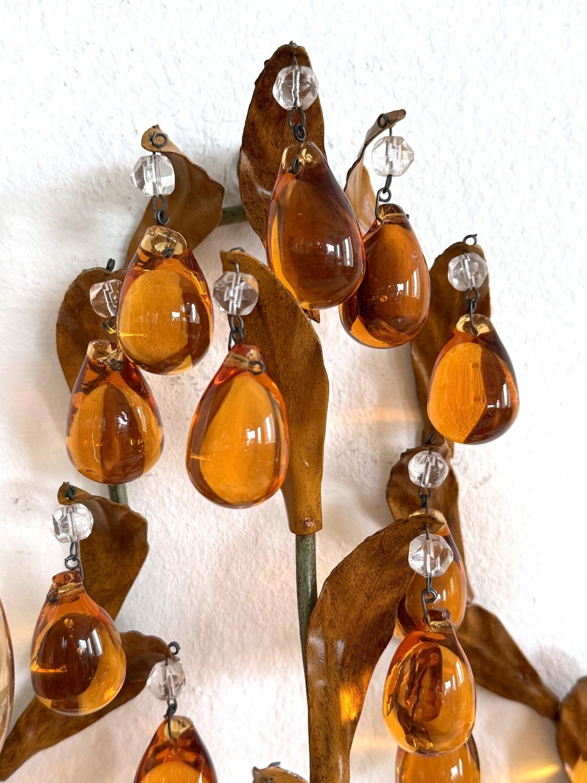 photo for sale Italian Mid Century Tole And Amber Murano Glass Drops Wall Sconces, 1950s