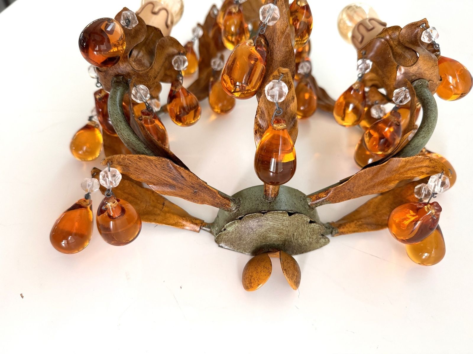 Lighting Italian Mid Century Tole And Amber Murano Glass Drops Wall Sconces, 1950s photo