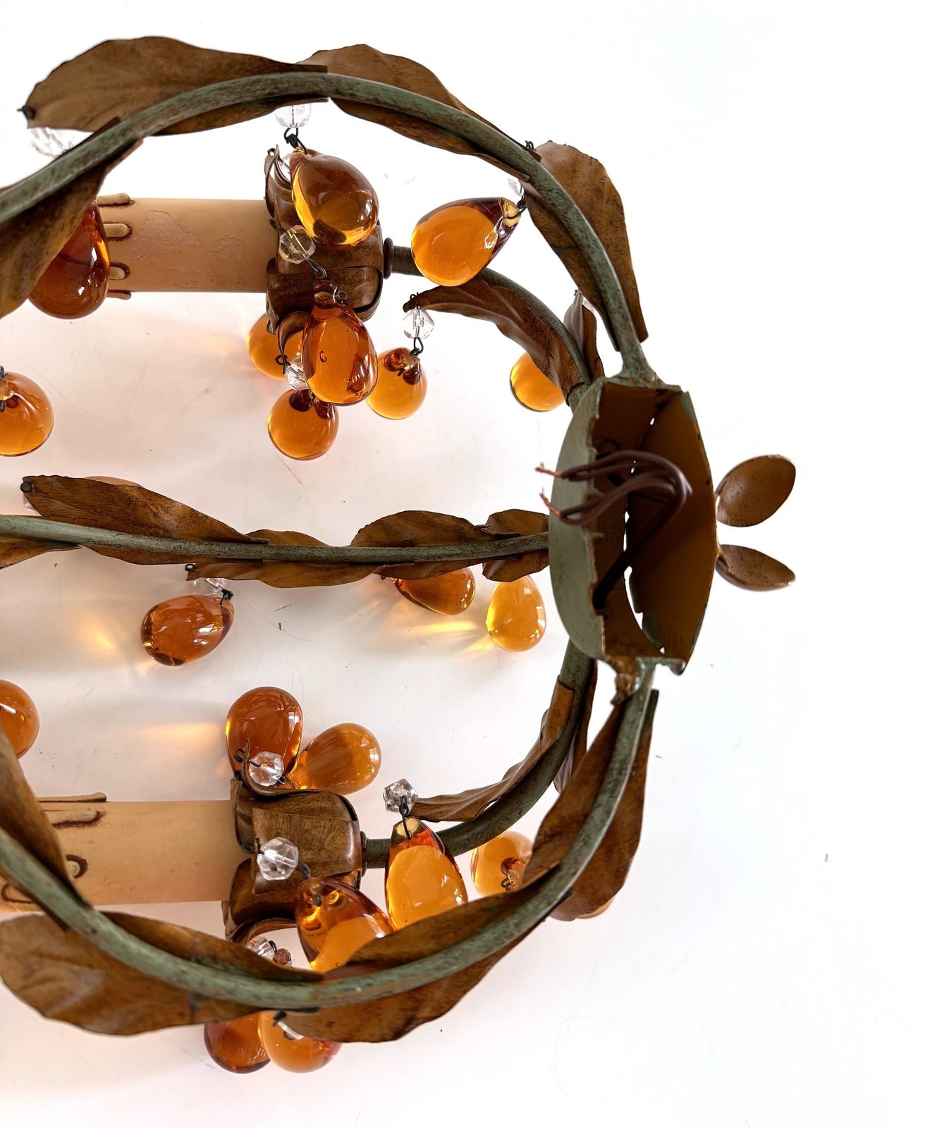 1080.0 Italian Mid Century Tole And Amber Murano Glass Drops Wall Sconces, 1950s photo