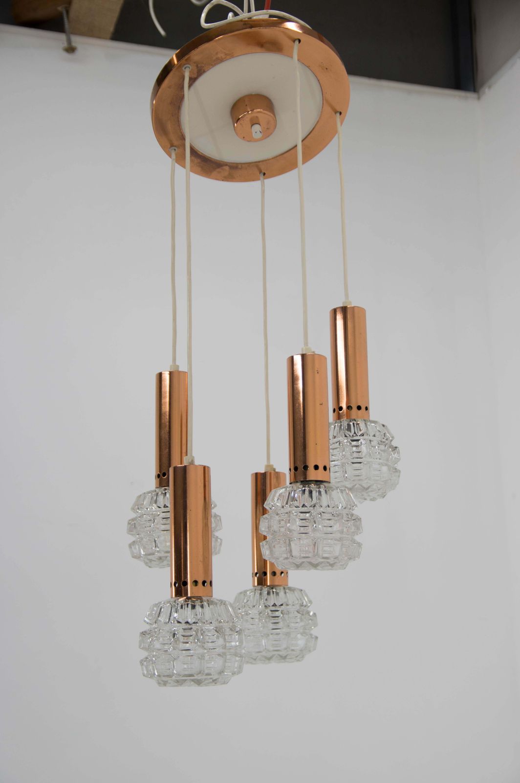 Mid Century Copper And Glass Chandelier, 1970s